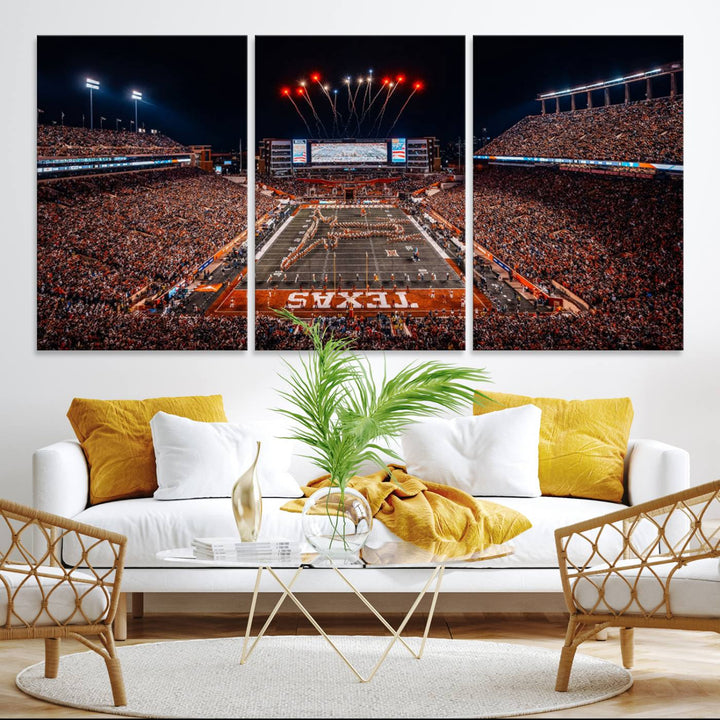 A Texas Memorial Stadium canvas print with fireworks embellishes the modern living room.