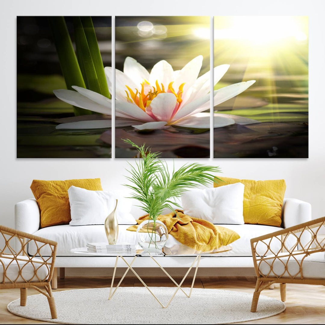 The Lotus Flower Wall Art Canvas Print showcases a white water lily with a yellow center floating gracefully in sunlight.