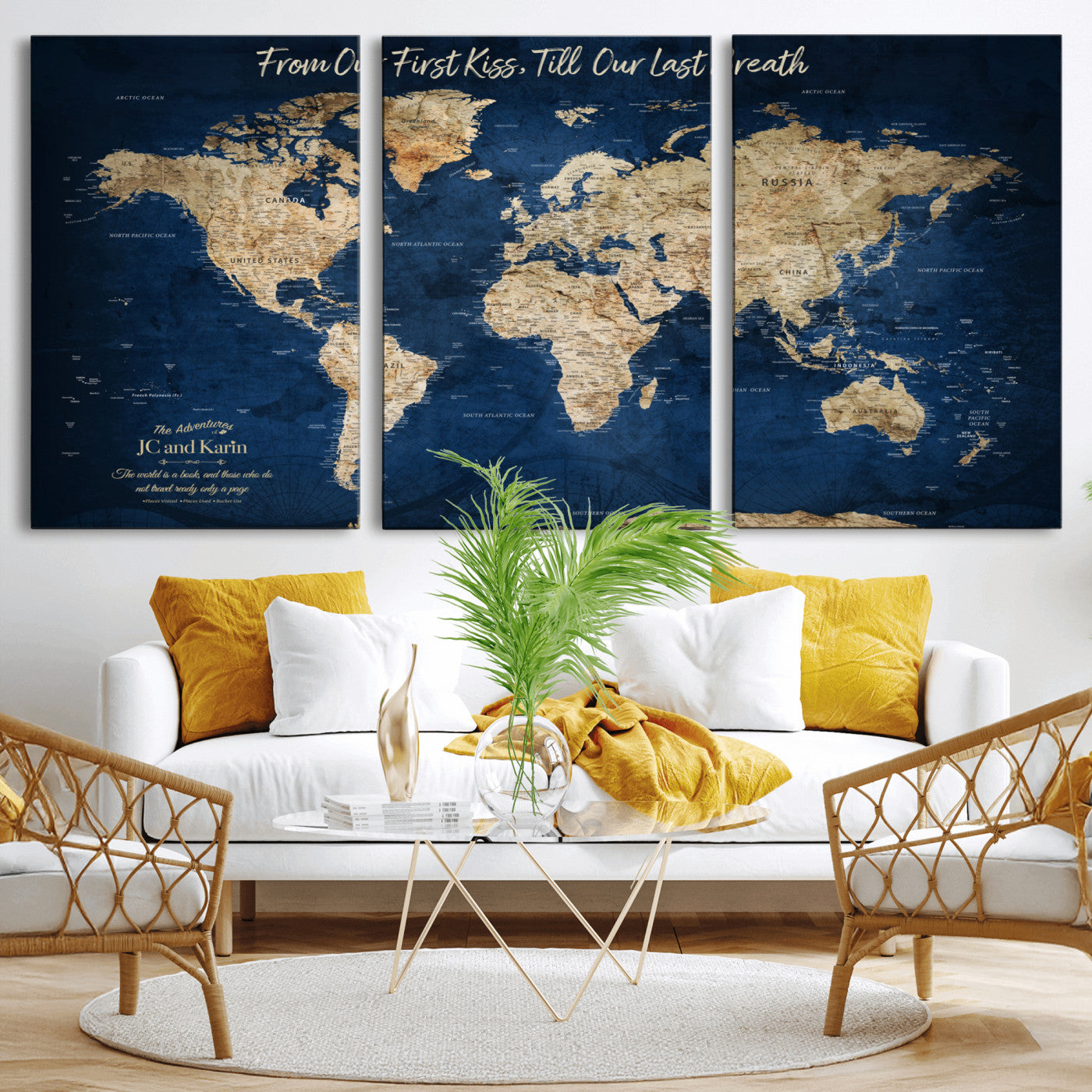 MGV-CV-60X30-3P - Push Pin World Map Canvas Print – Framed Wall Art for Couples to Track Their Travels – Anniversary