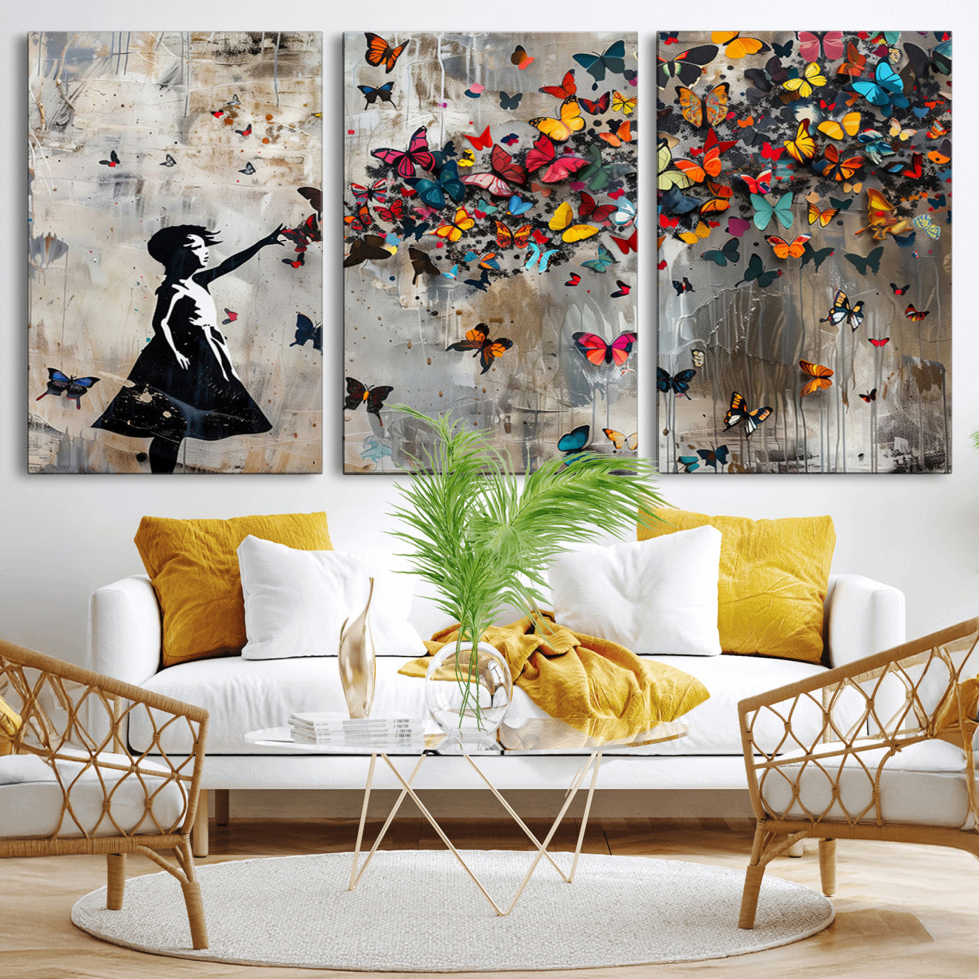 MGV-CV-60X30-3P - Framed Banksy Butterfly Girl Wall Art ,3-Piece Butterfly Girl Canvas, Modern Graffiti Canvas Print
