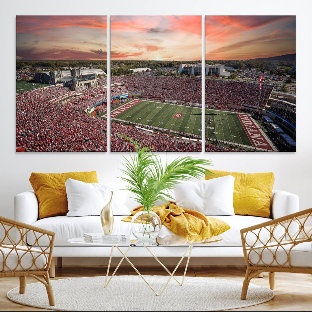 Gallery-quality Indiana Memorial Stadium Wall Art Canvas: A stunning view of the stadium at sunset.