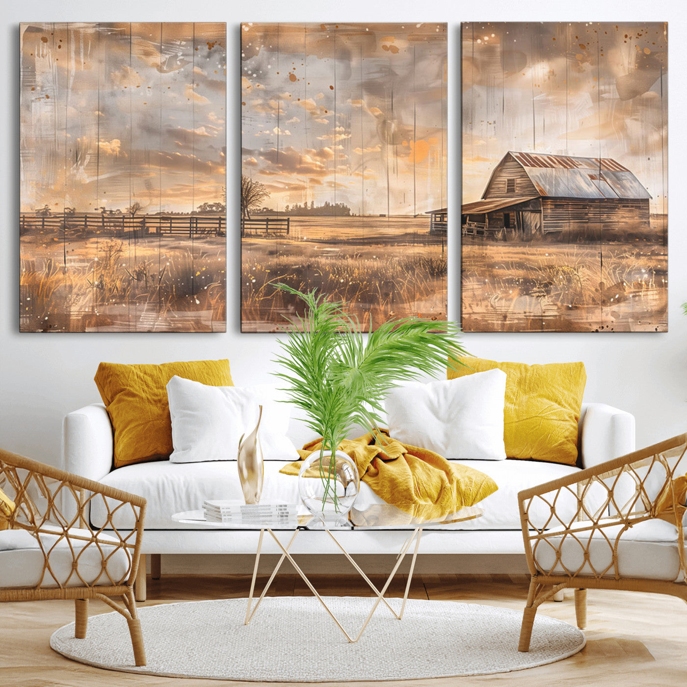 MGV-CV-60X30-3P - Rustic Farmhouse Wall Art Canvas Print | Barn and Field Canvas Print | Vintage Country Landscape