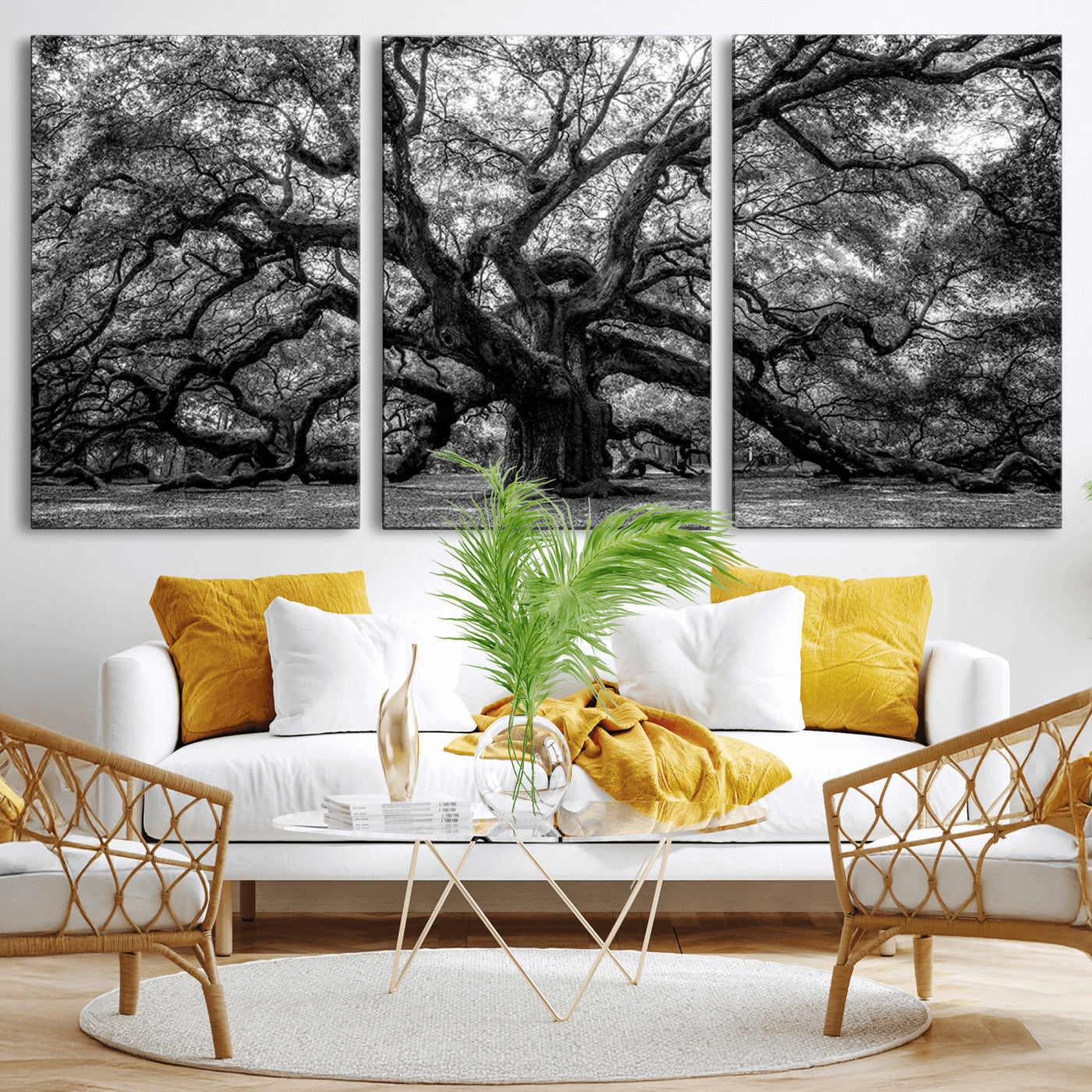 MGV-CV-60X30-3P - Black and White Old Angel Oak Tree Wall Art Canvas Print