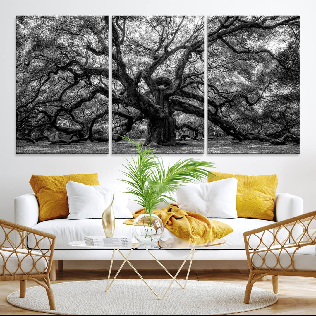 The Black and White Old Angel Oak Tree Canvas Print enhances the modern dining room.