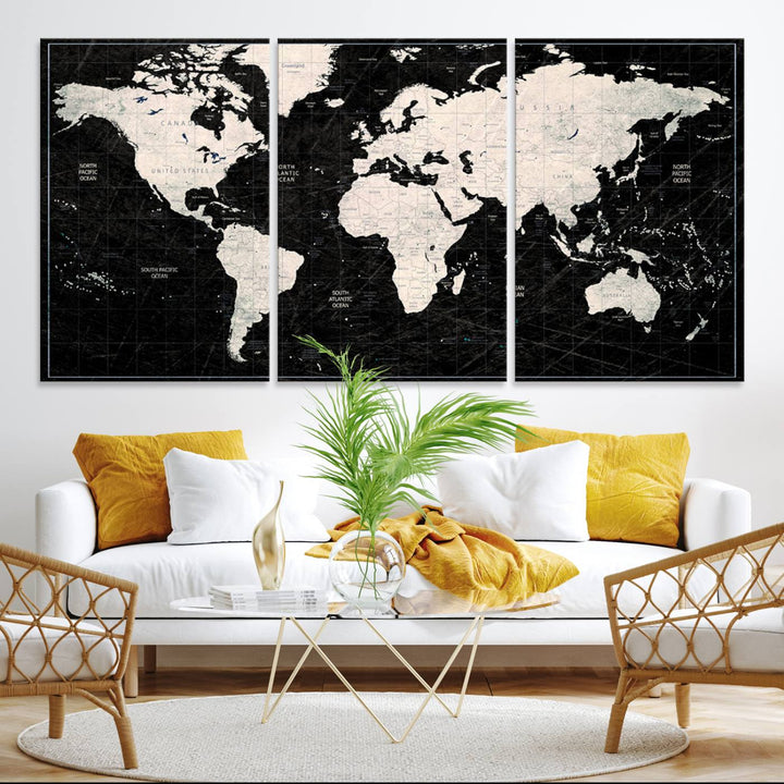 The Black & White World Map Canvas Wall Art, a giclee print, elegantly decorates the wall.