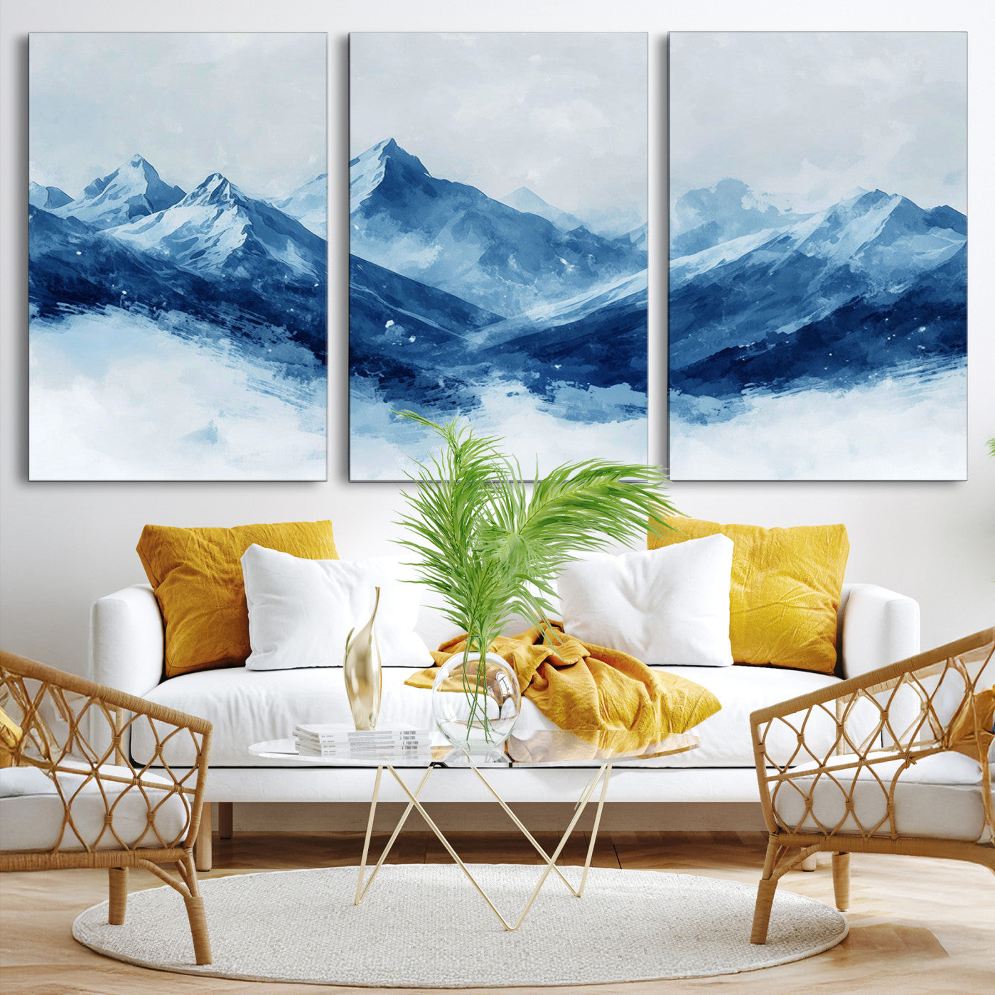 Peaceful watercolor-style painting of snowy blue mountains in soft tones, perfect for winter-themed or minimalist wall decor.