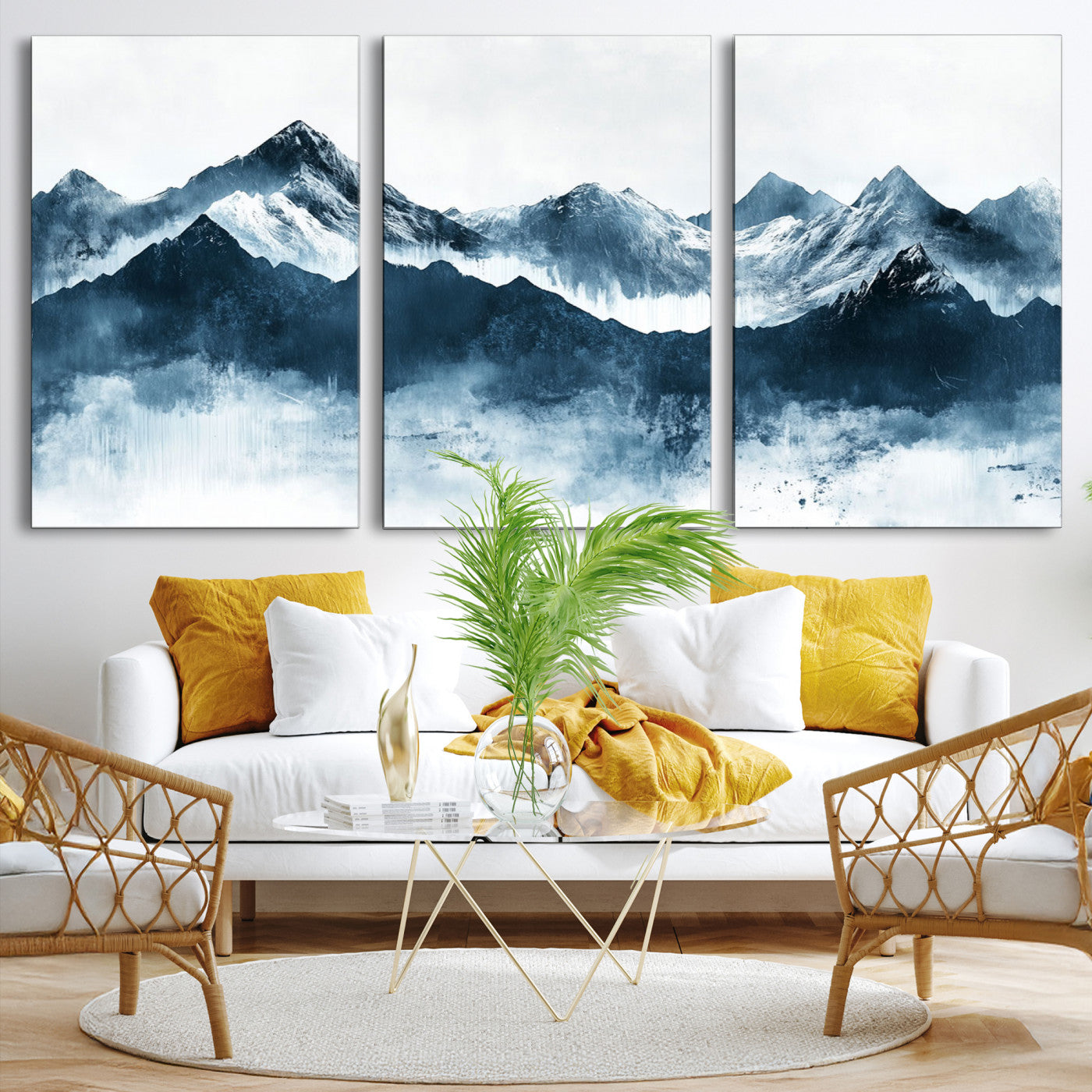 Abstract blue-toned canvas of snowy mountains in misty tones, ideal for minimalist or moody alpine-inspired home decor.