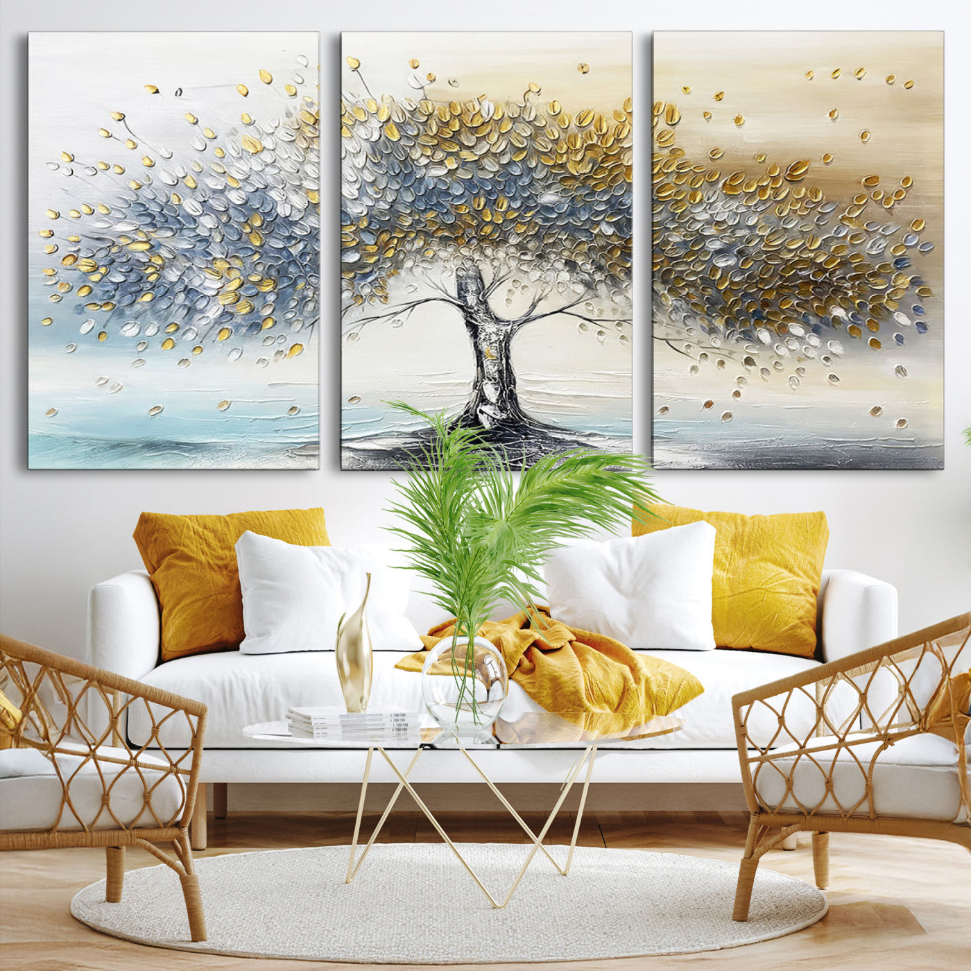 Canvas of a silver and gold textured tree with a soft neutral background, ideal for elegant and minimalist home decor styles.
