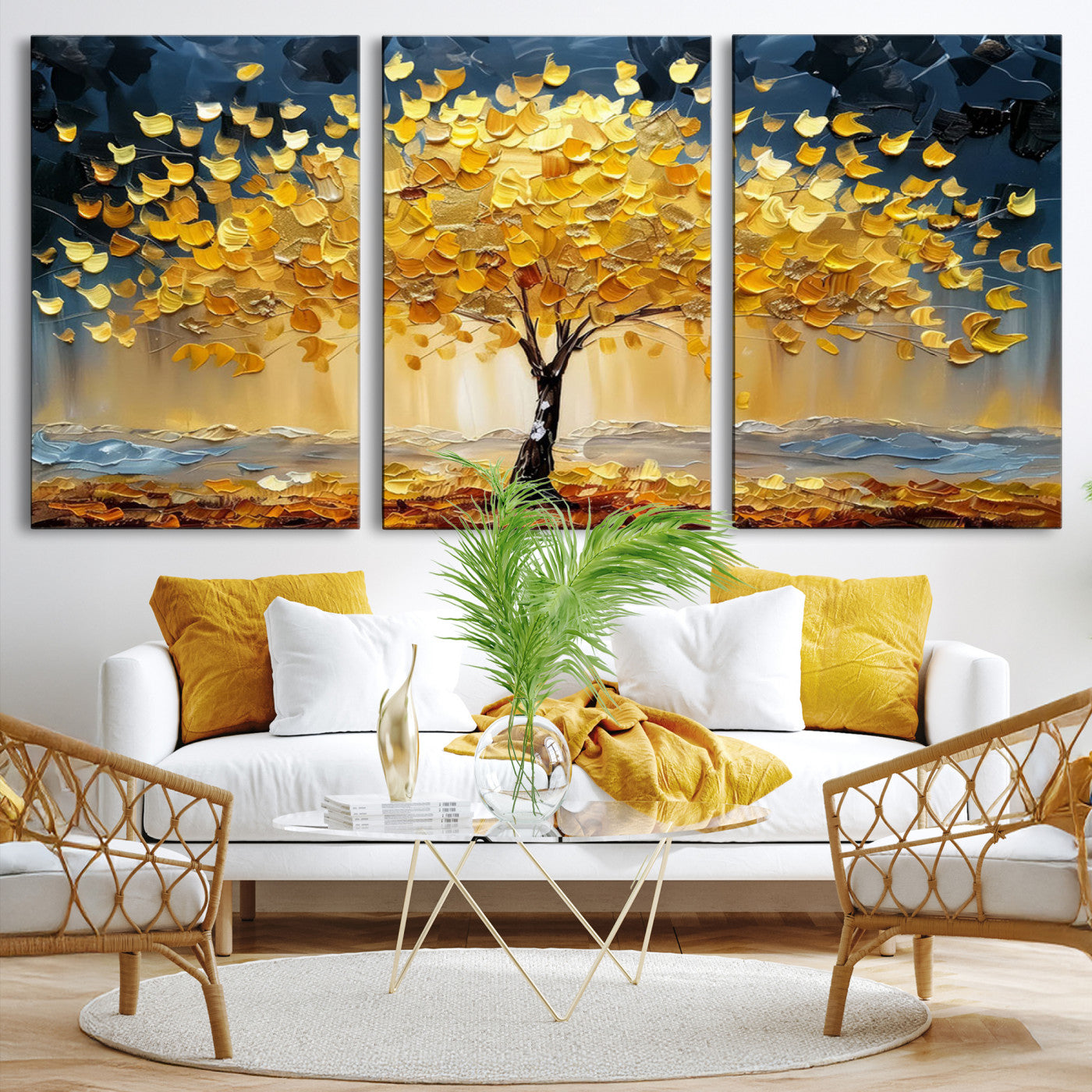 Canvas of a golden autumn tree with textured brushstrokes and moody blue skies, perfect for dramatic and vibrant home decor.