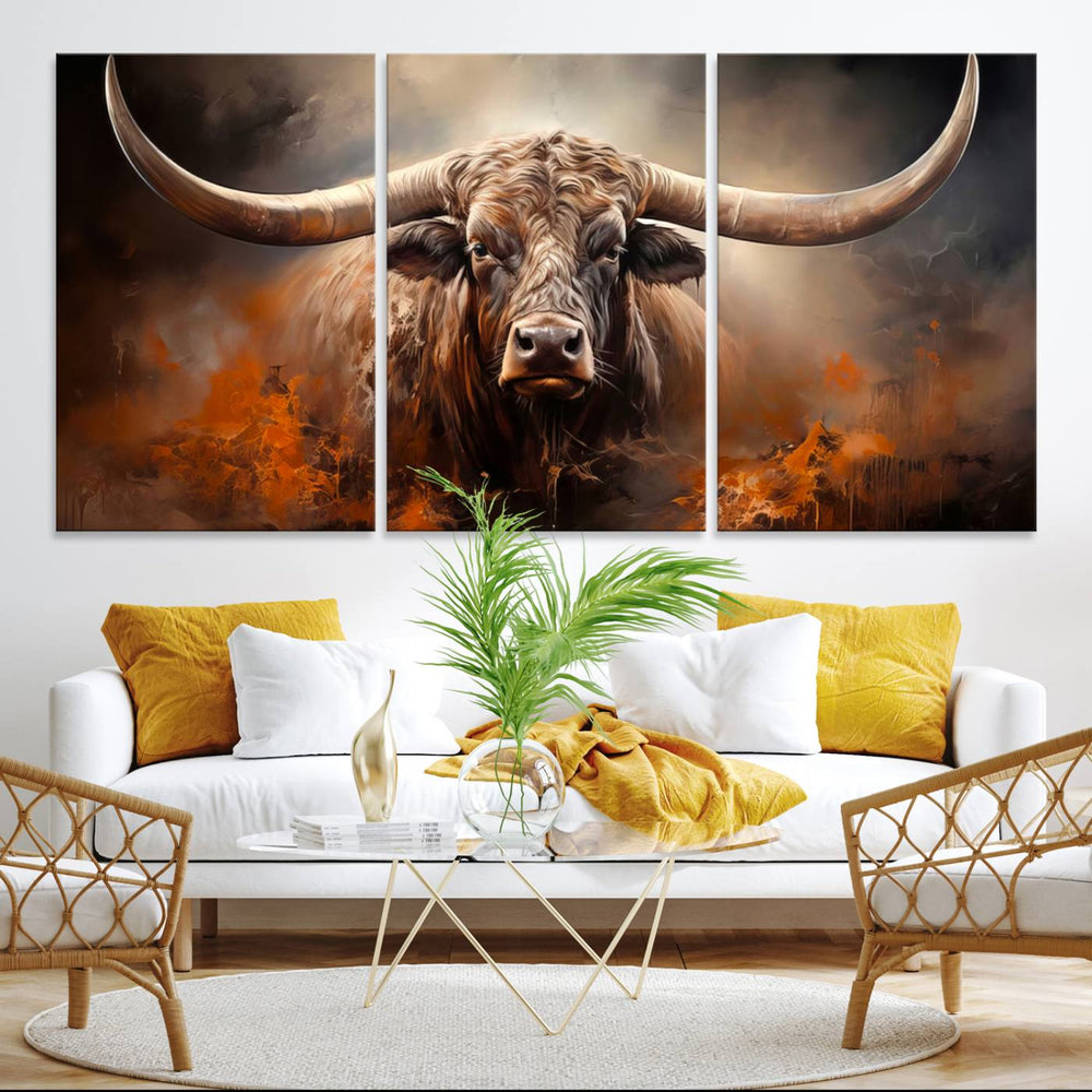 A Highland Bull with striking horns is depicted in a fiery abstract style on a ready-to-hang wall art canvas, evoking strength.