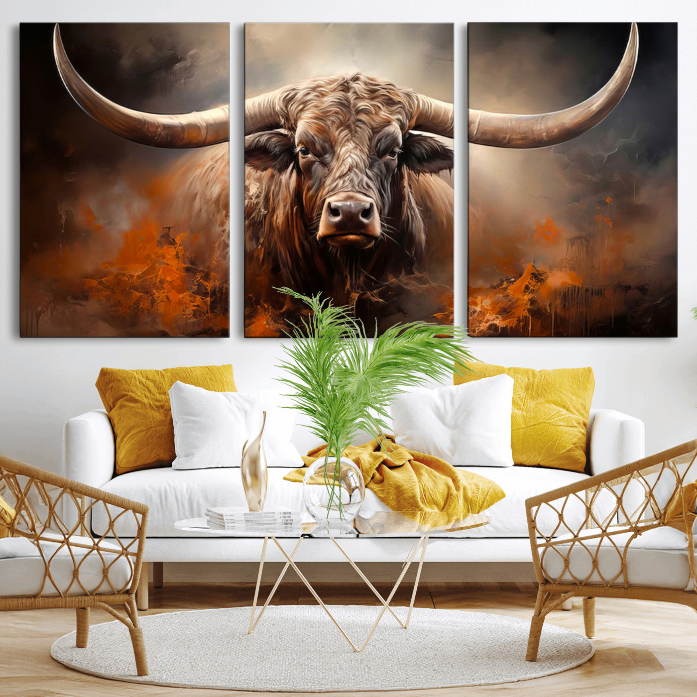 MGV-CV-60X30-3P - Highland Bull Canvas Abstract Canvas Wall Art Print – Powerful Highland Bull with Striking Horns in