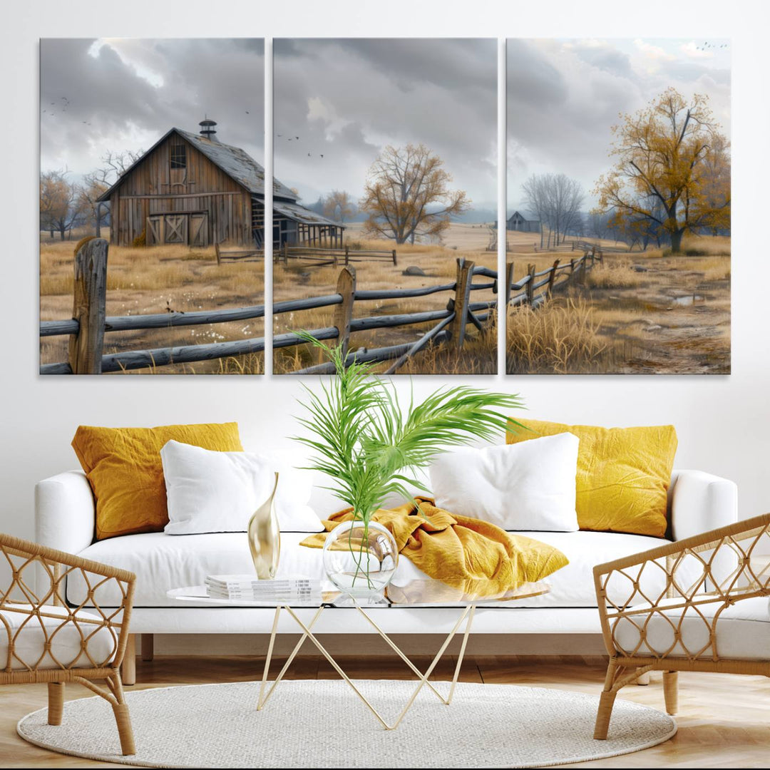 Rustic Autumn Farmhouse Wall Art – Weathered Barn & Trees Canvas Print, featuring a serene scene with birds in the sky. This piece is ready to hang.