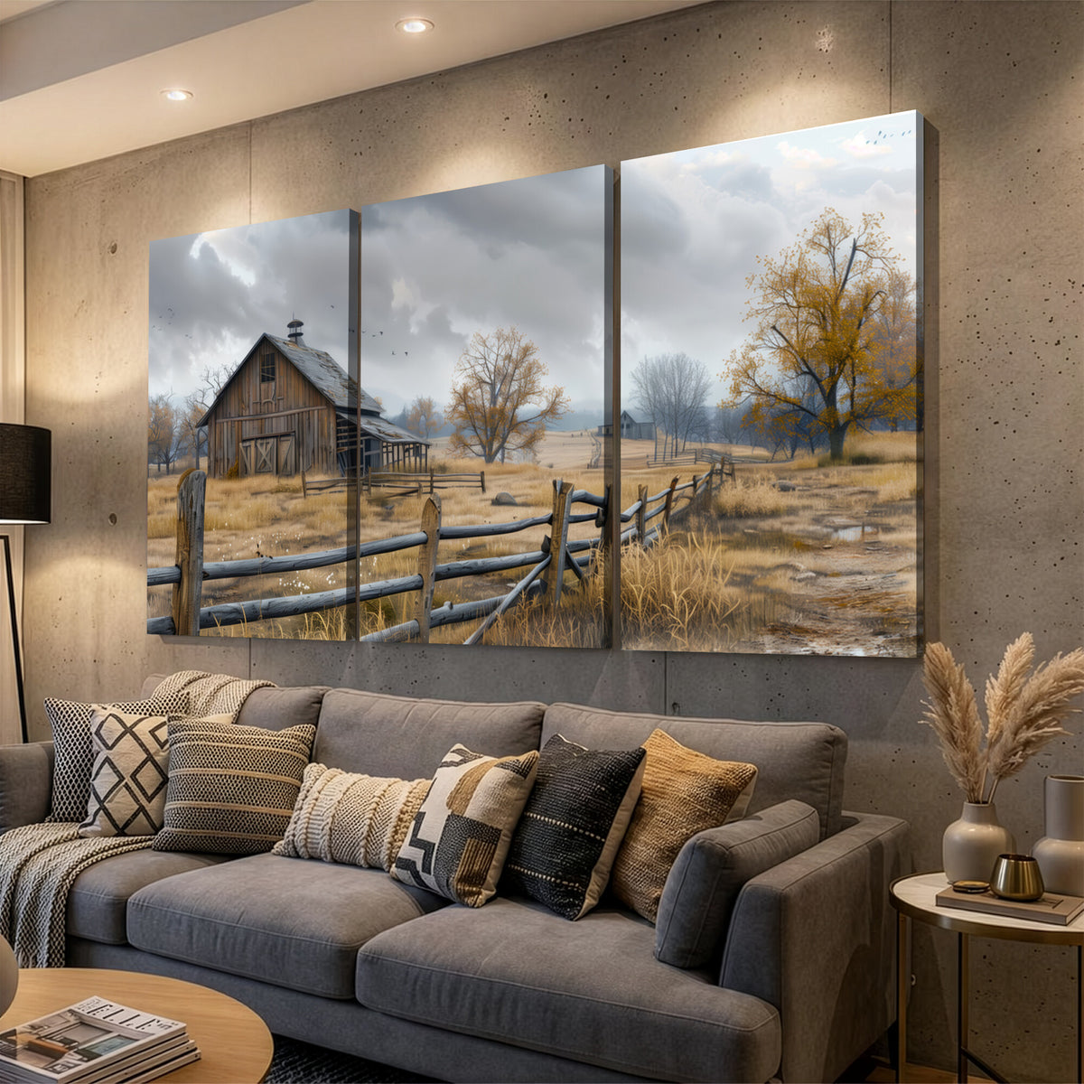 Farm1-MGV-CV-36X24 - Rustic Autumn Farmhouse Wall Art Canvas Print | Serene Countryside with Weathered Barn