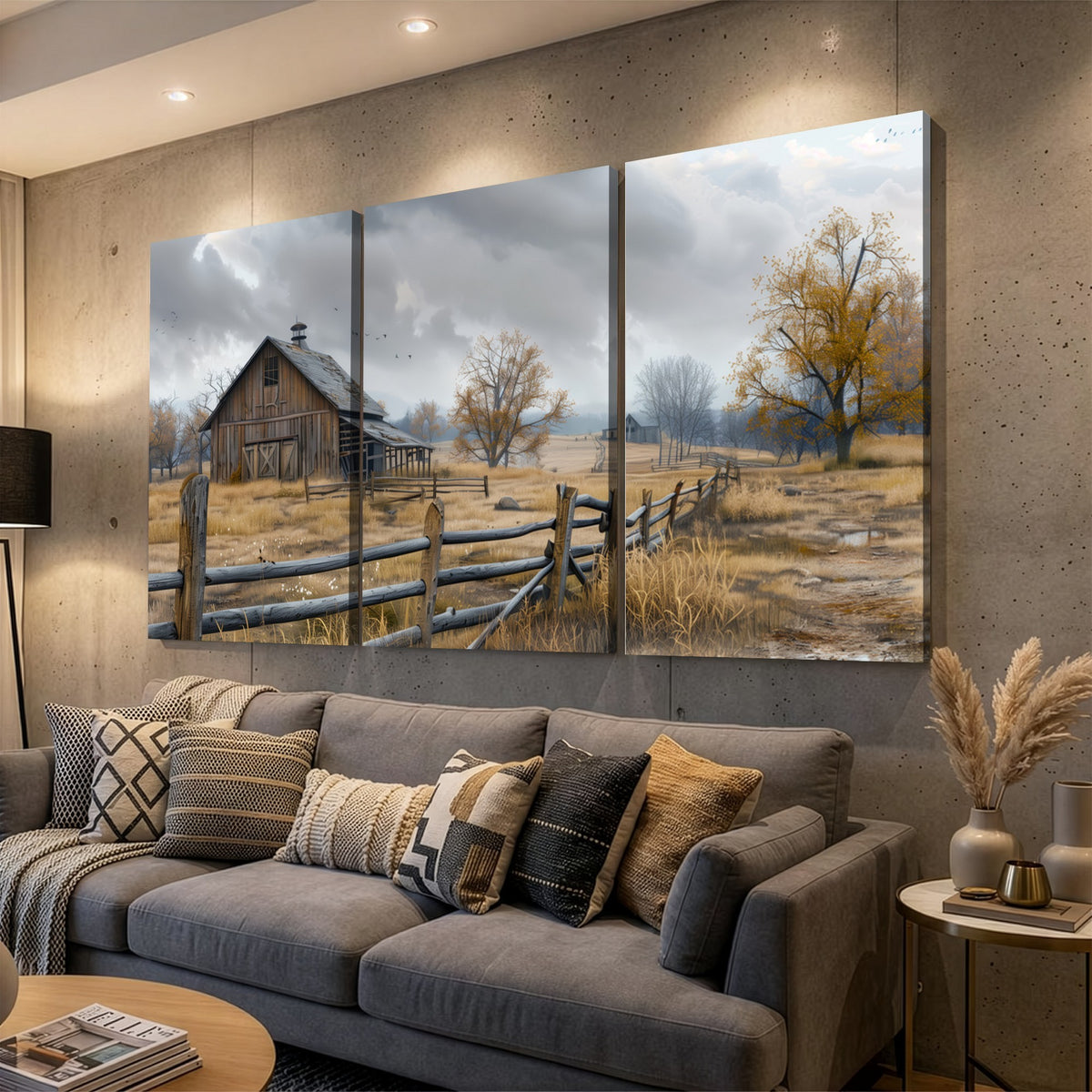 Farm1-MGV-CV-24X16 - Rustic Autumn Farmhouse Wall Art Canvas Print | Serene Countryside with Weathered Barn