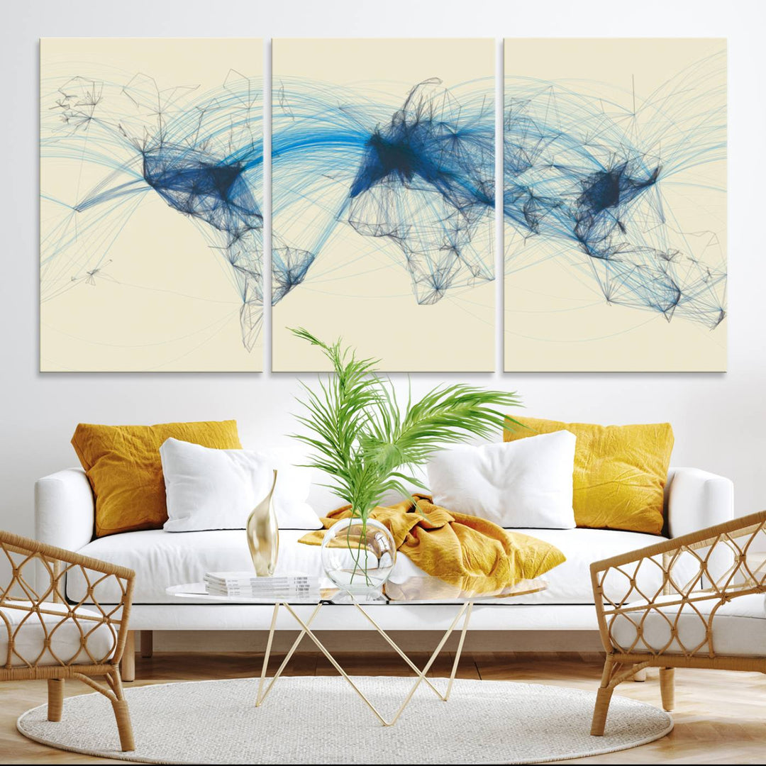 Flight Routes Map: Air Traffic Avi World Map featuring blue lines symbolizing global data. Ideal for home decor and ready to hang.