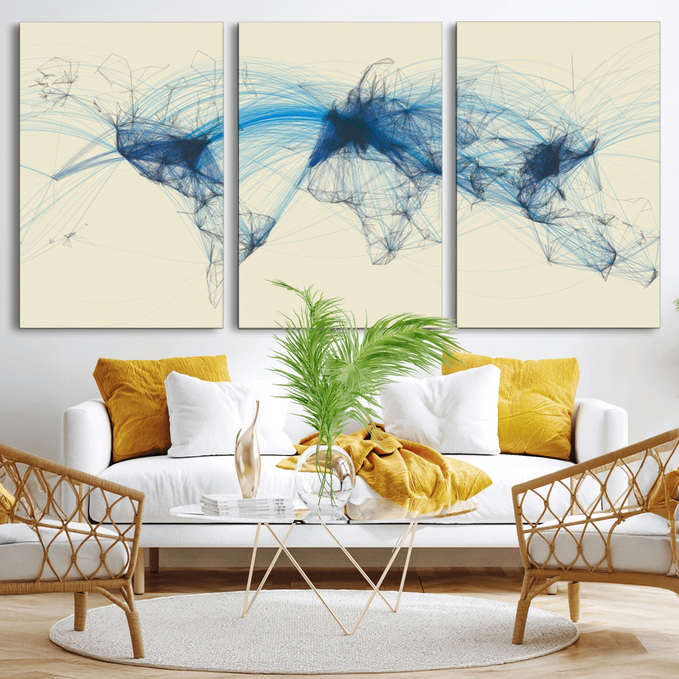 MGV-CV-60X30-3P - Flight Routes Map art Air Traffic Avi World Map with Blue Connections Canvas Wall Art – Modern