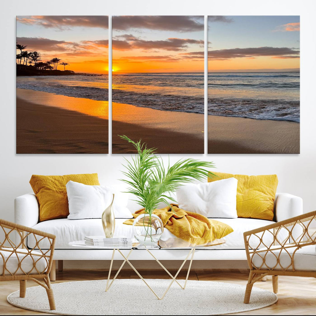 Sunset Wall Art Print featuring a beach sunset with waves and palms, perfect for coastal decor.