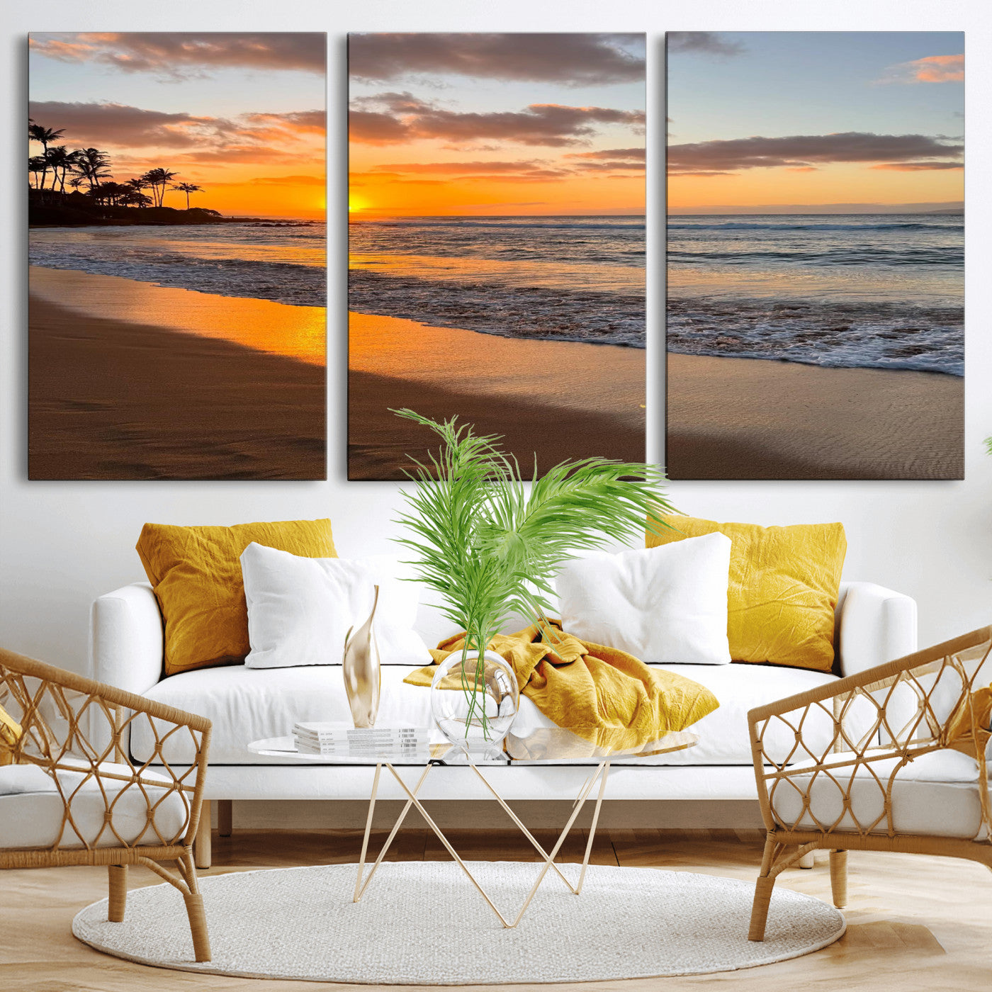 MGV-CV-60X30-3P - Sunset Wall Art Print - Stunning Beach Sunset Canvas Artwork for Elegant Home or Office Coastal