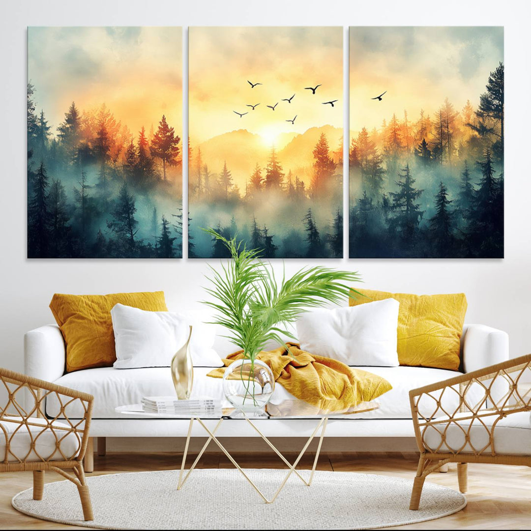 An Abstract Forest Wall Art Print features a serene misty forest with birds under an orange sky, ideal for enhancing any space.