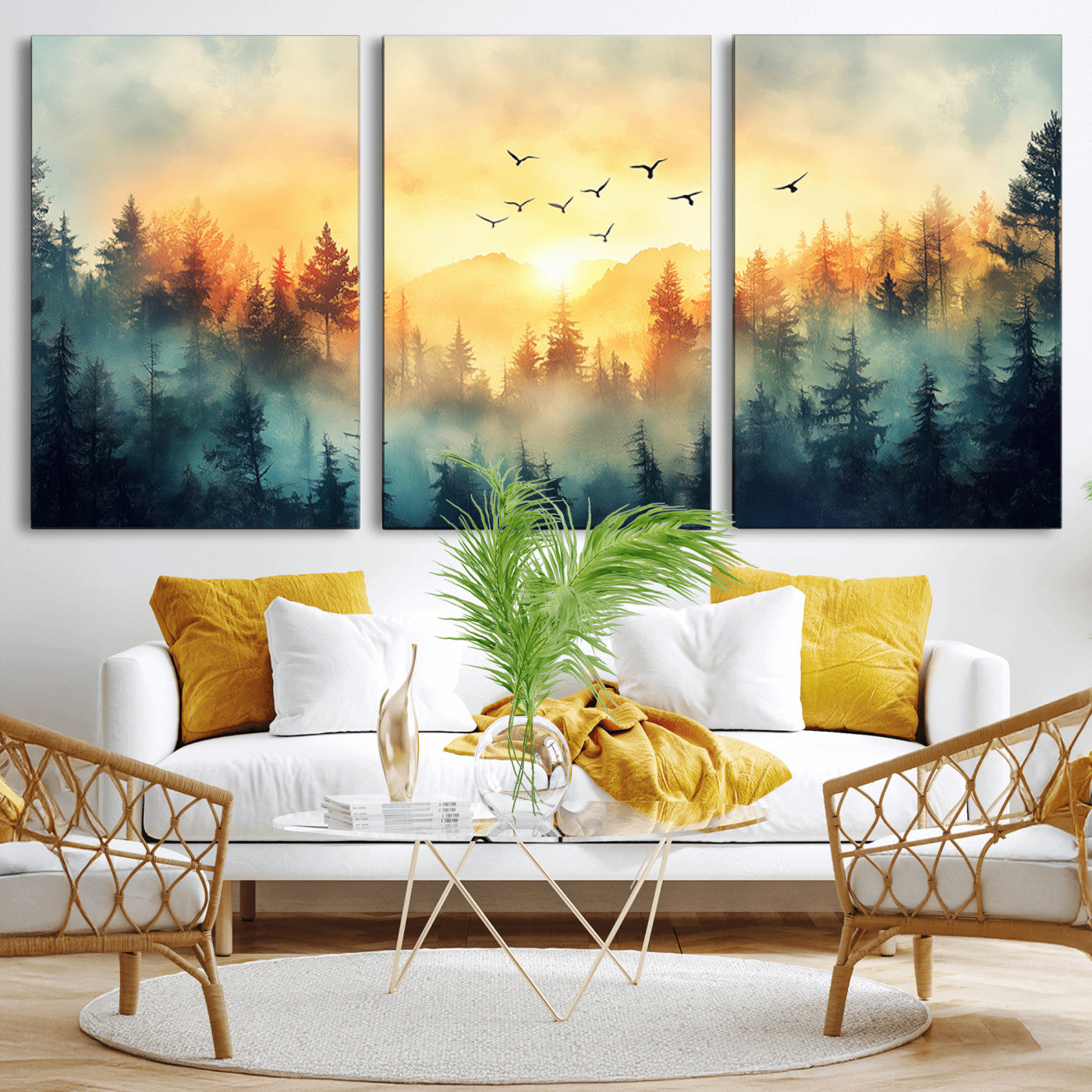 MGV-CV-60X30-3P - Abstract Forest Wall Art Print- Serene Nature Canvas Print with Misty Forest Design for Modern Home