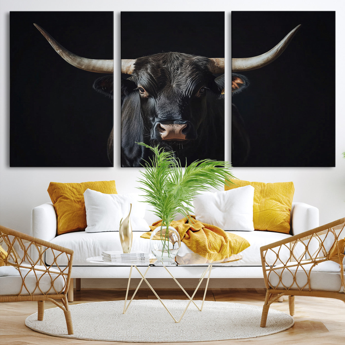 Canvas of a black longhorn bull against a dark background, featuring moody tones and western character for rustic or cowboy-inspired spaces.