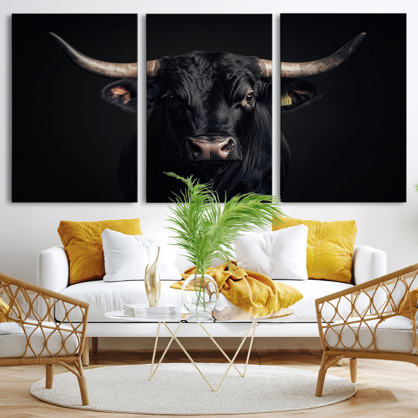 Canvas featuring a black horned bull in moody lighting on a dark background, perfect for western or rustic farmhouse-style home decor.