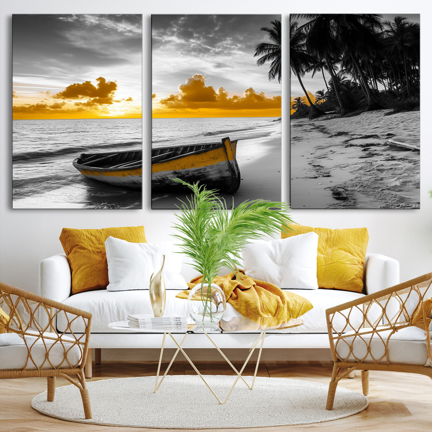 Canvas of a yellow rowboat on a black and white tropical beach with golden sunset sky, ideal for coastal or tropical-themed home decor.
