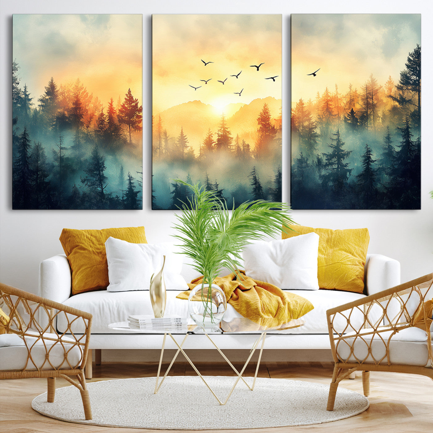 Canvas of a misty pine forest at sunrise with golden light and birds flying across the sky, perfect for tranquil nature-themed wall decor.