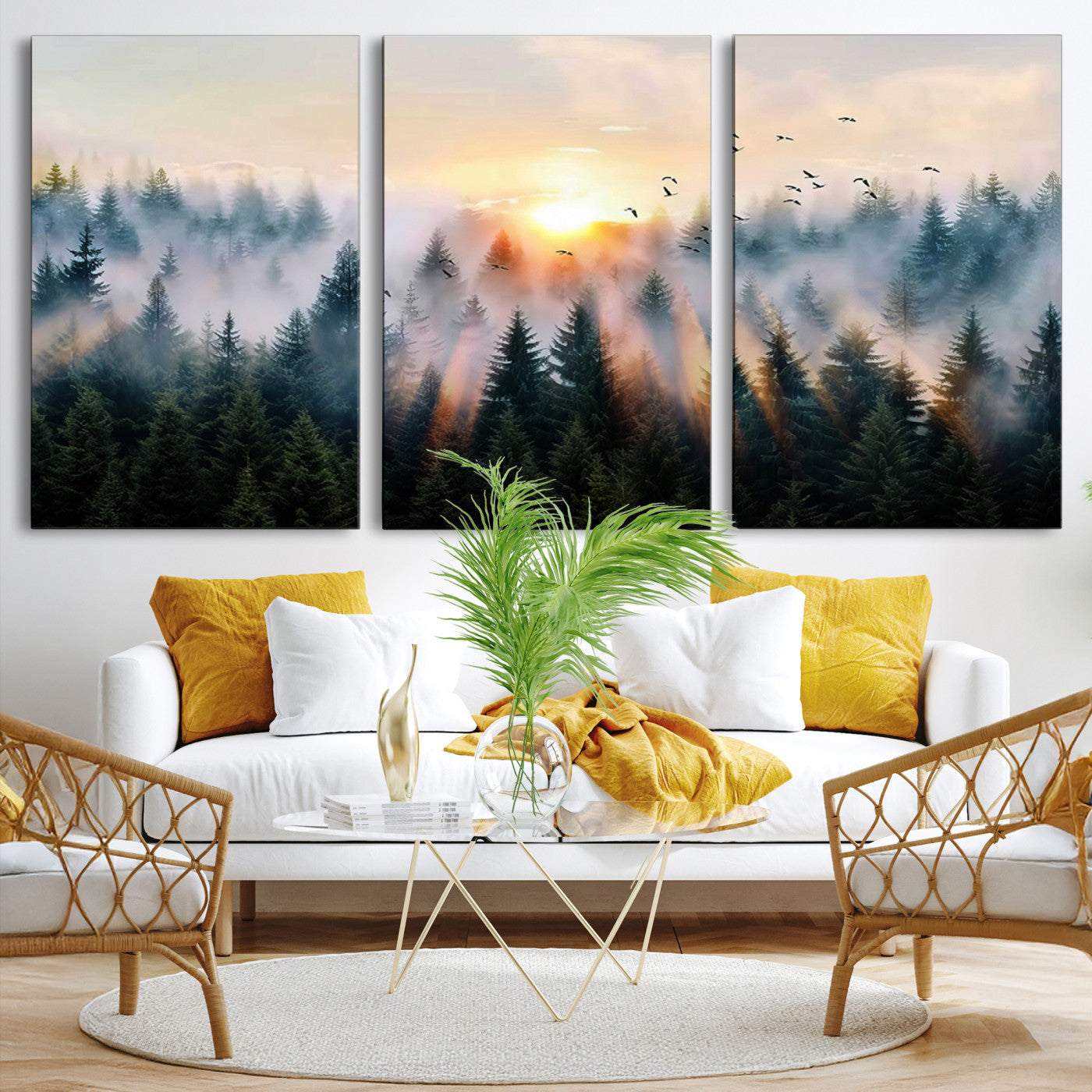 Canvas of a misty pine forest at sunrise with birds flying through golden morning rays, perfect for serene and moody woodland-style home decor.