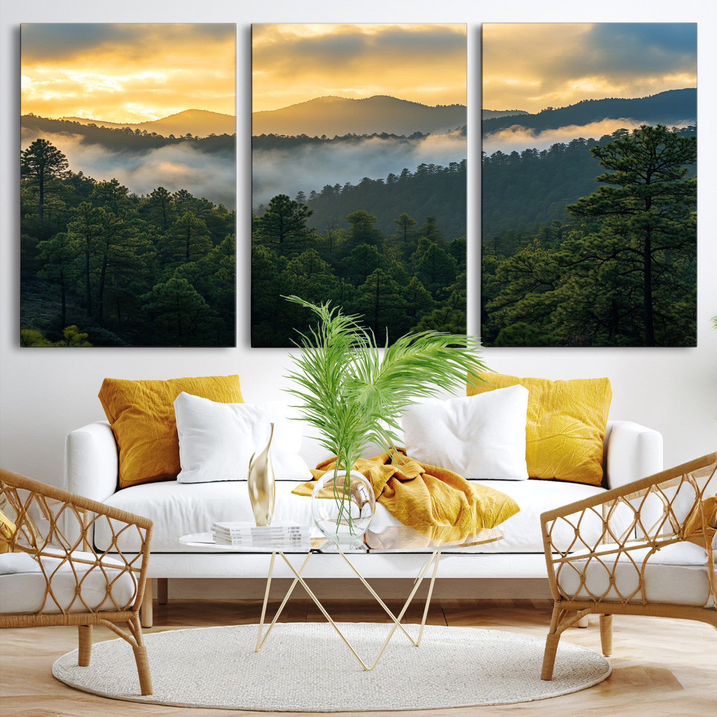 Canvas of misty pine-covered mountains at sunrise, featuring golden light and fog layers, ideal for tranquil earthy home decor.