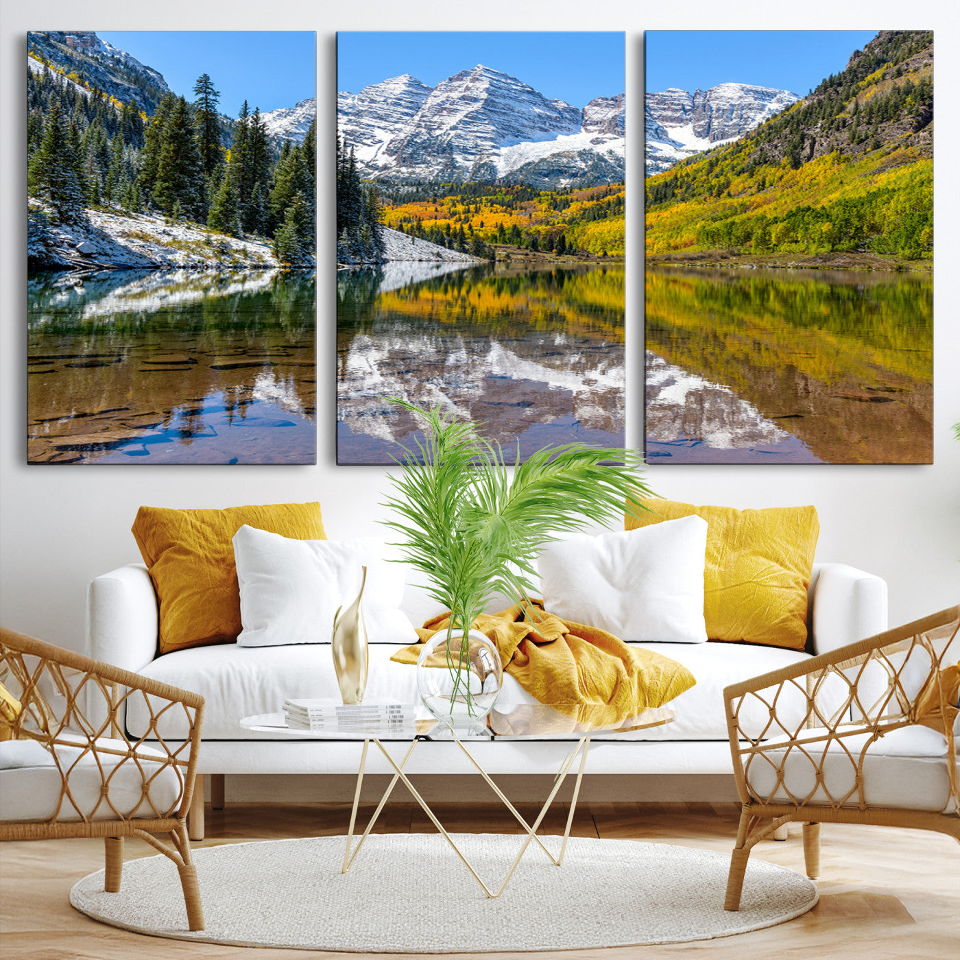 Canvas of Maroon Bells reflected in a clear alpine lake, with golden aspens and snowy peaks, ideal for crisp autumn or mountain-themed decor.