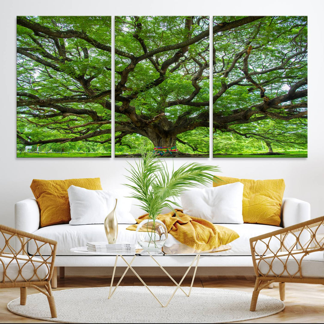 A large oak tree print with dense leaves and twisted branches on a bright forest canvas, ideal for farmhouse decor.