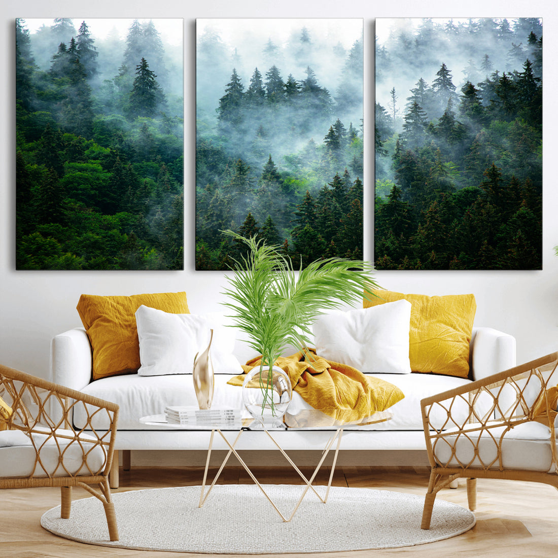 Misty Forest Wall Art Canvas Print, Framed Foggy Mountain Art, Large Scenic Woodland Canvas