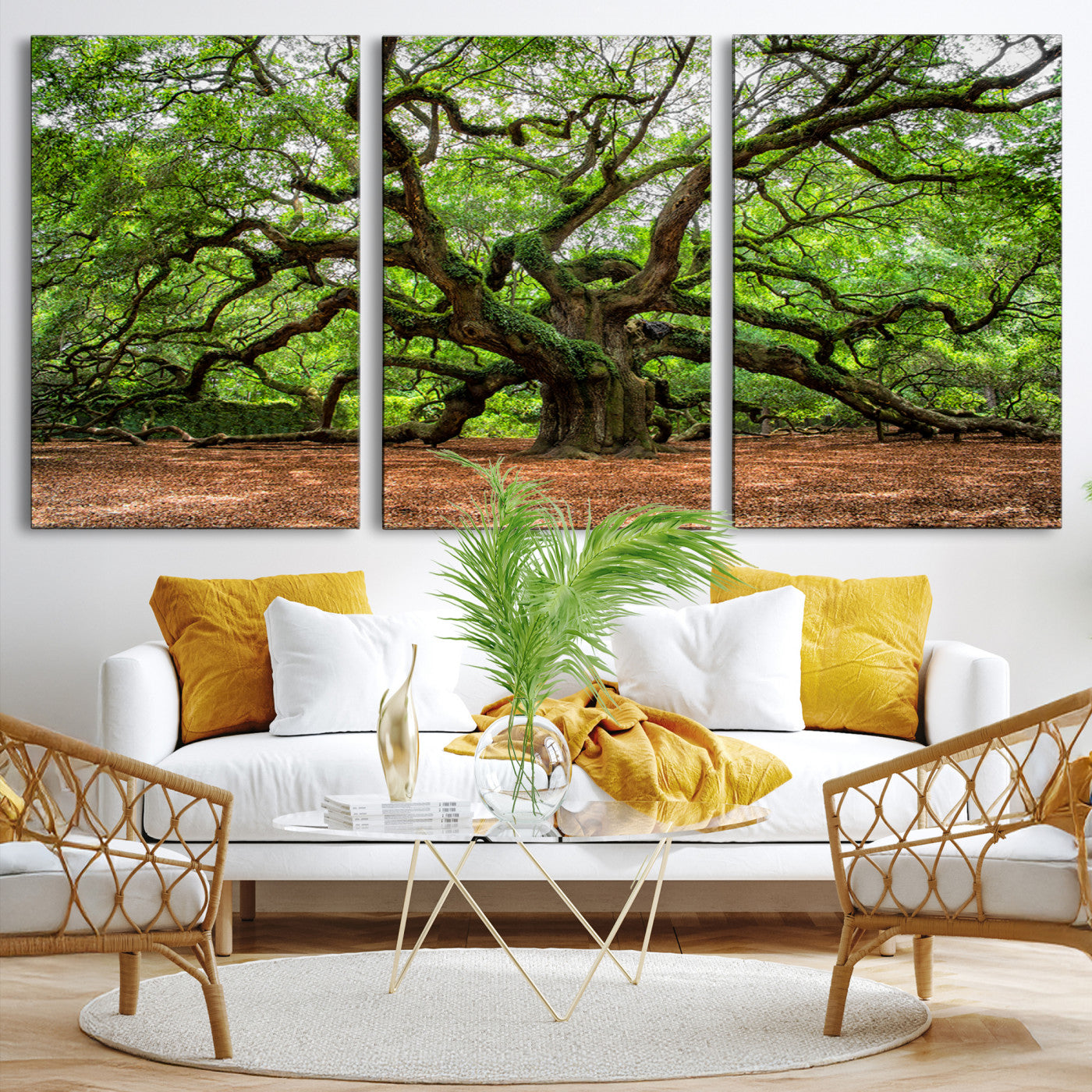 A majestic, ancient tree with expansive, twisting branches spreading wide under a dense, vibrant green canopy in a serene forest clearing.