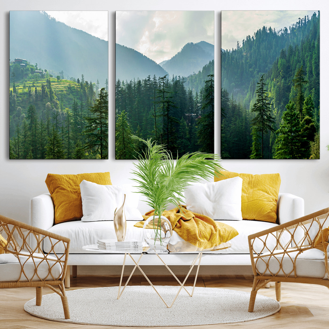 MGV-CV-60X30-3P - Misty Forest Mountain Canvas Print – Serene Nature Wall Art, Tranquil Valley