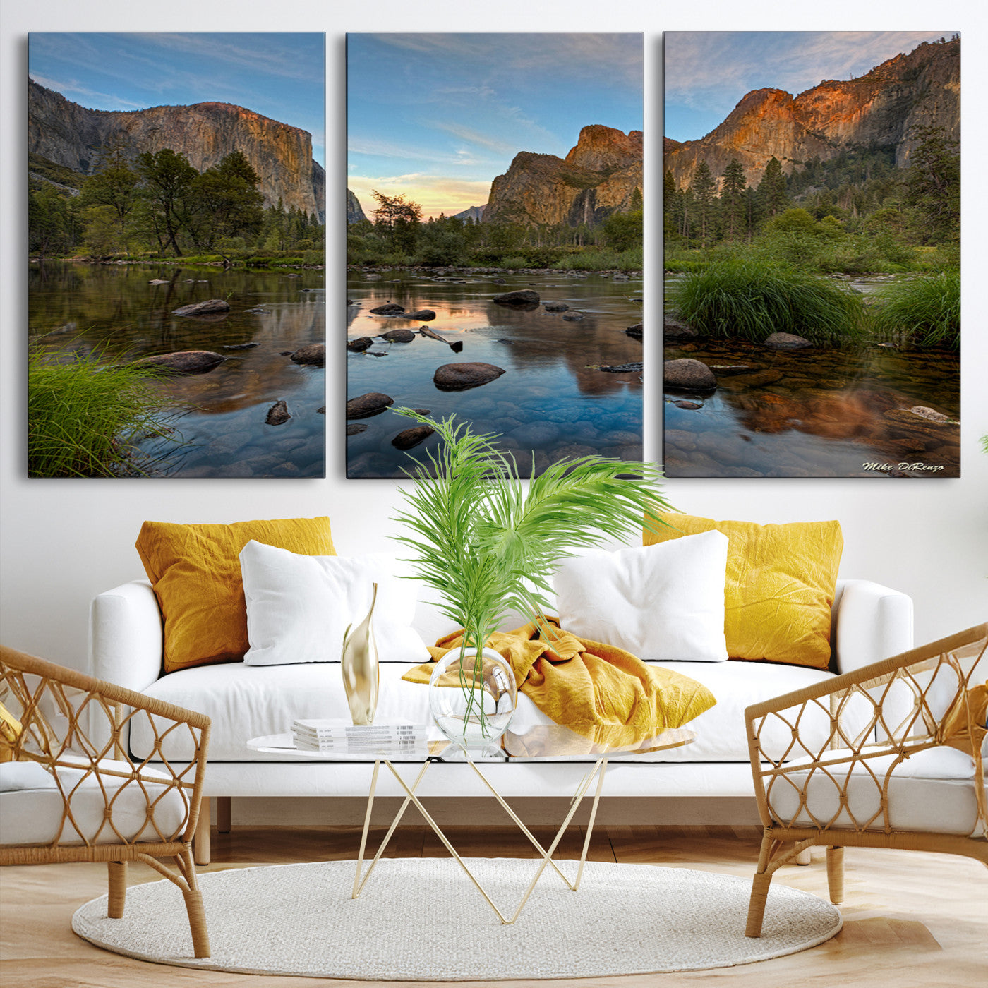 Canvas of Yosemite Valley with El Capitan and sunset reflections in a calm river, perfect for rustic or nature-themed décor.