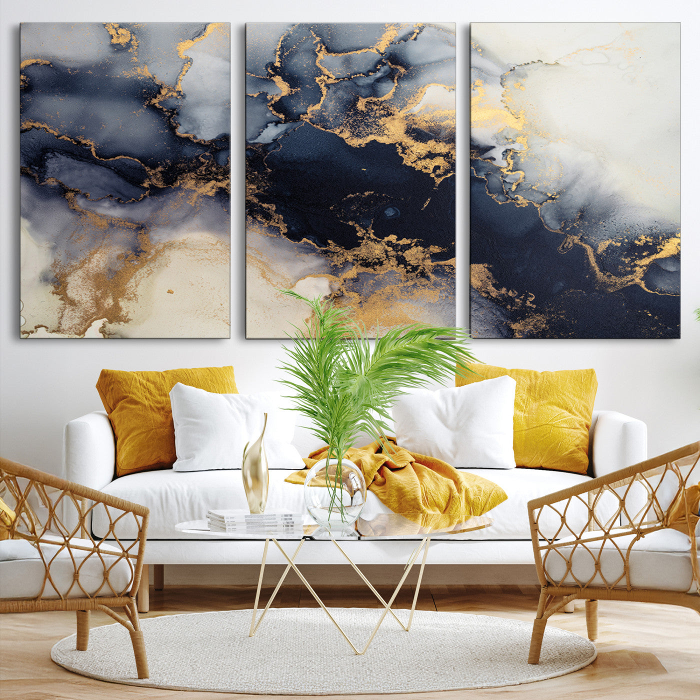 Luxurious abstract canvas in black and gold with moody fluid textures and smoky patterns, perfect for dramatic modern interiors.