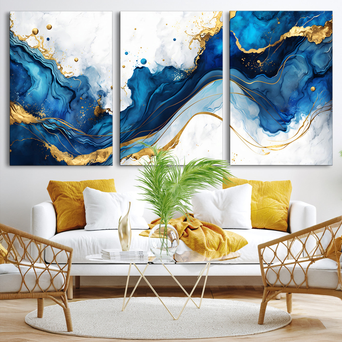 Elegant abstract canvas in cobalt blue and gold tones, featuring marble waves and fluid motion, ideal for luxe interior styling.