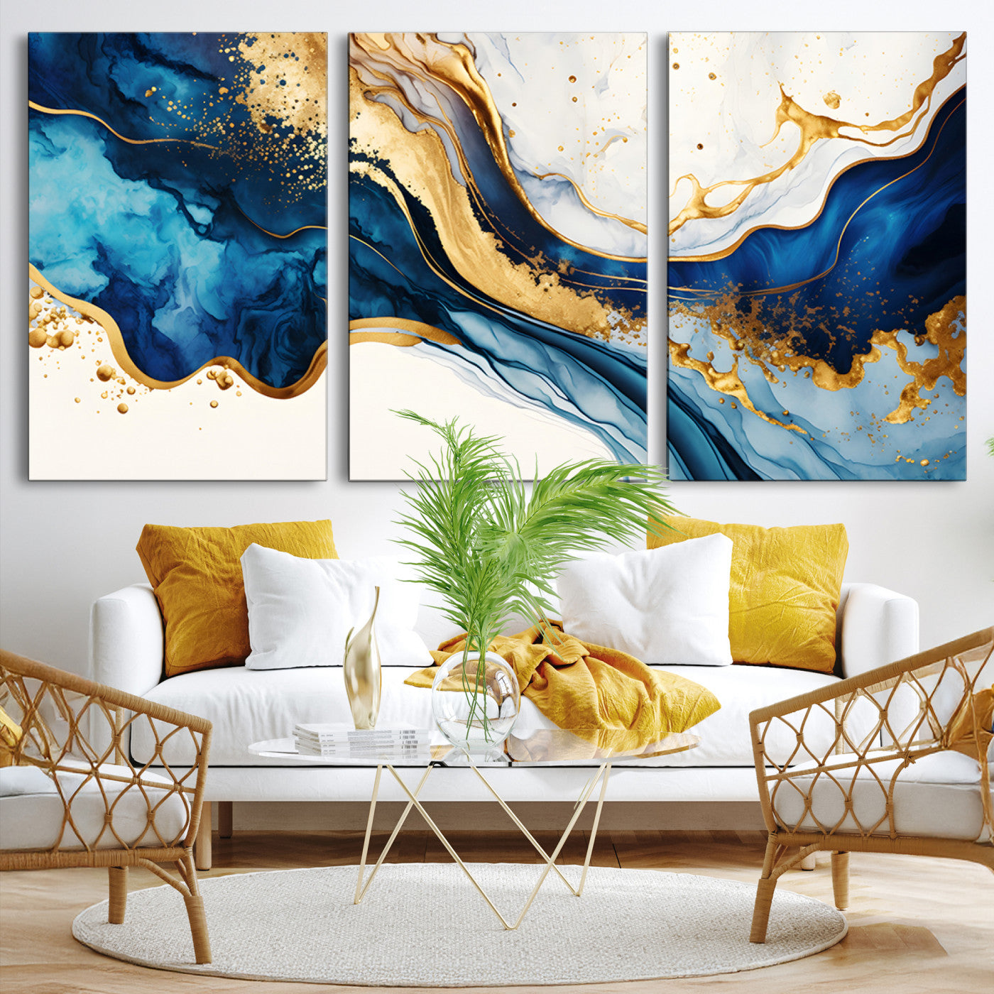 Canvas artwork with fluid blue and gold marbling, perfect for modern luxe or elegant abstract home decor styles.