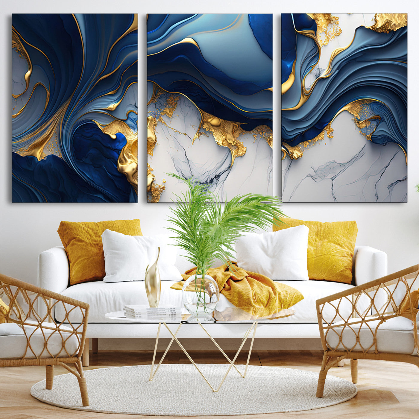 Canvas art with swirling blue marble and gold textures, ideal for elegant glam or modern luxury interior design settings.