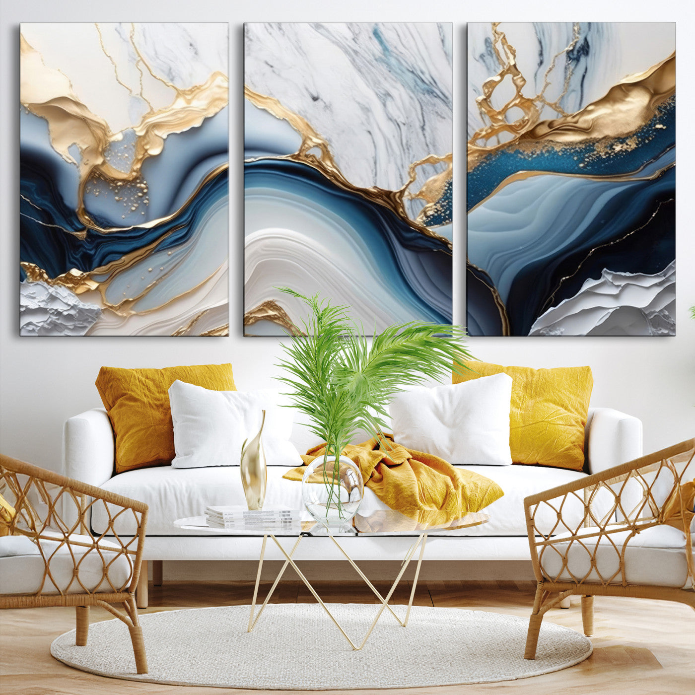 Abstract canvas with blue marble textures and flowing gold veins, ideal for modern luxury or coastal-inspired interior decor.