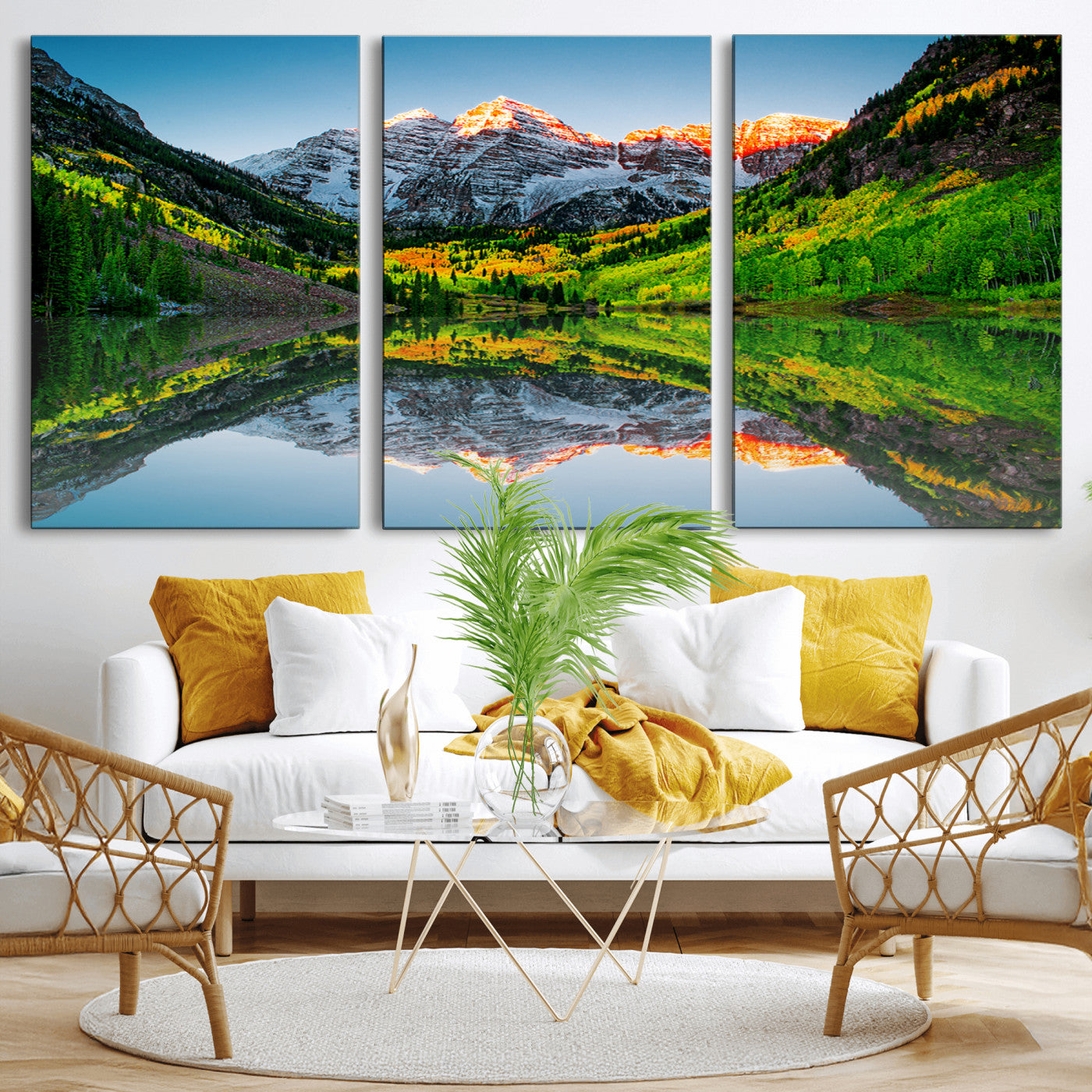 MGV-CV-60X30-3P - Maroon Bells Lake Print Wall Art – Majestic Colorado Mountain Landscape, Autumn Reflection,