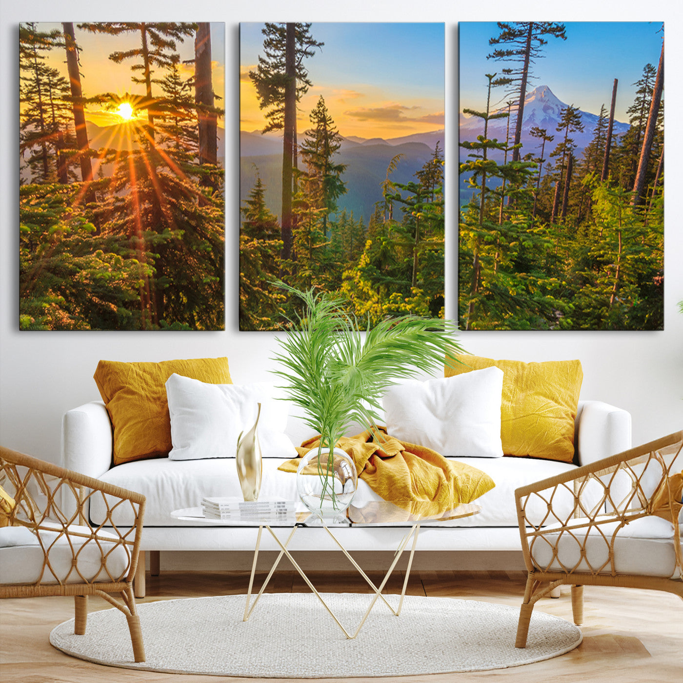 Colorful canvas of Mount Hood and Oregon forest at sunset, featuring sunburst light and lush pine trees for rustic nature decor.