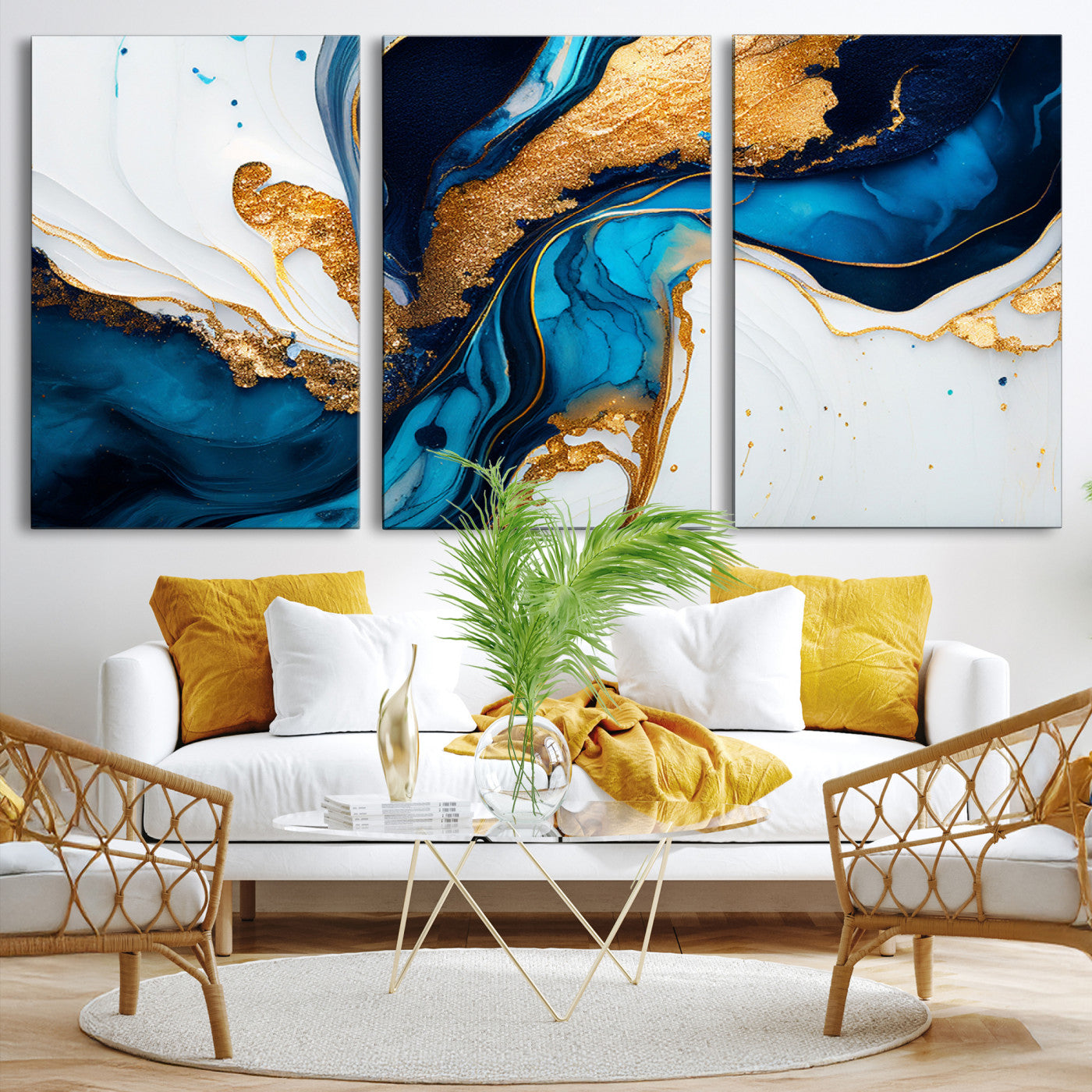 Luxurious abstract canvas in gold, navy, and teal tones with fluid marble patterns, perfect for modern glam or upscale interiors.
