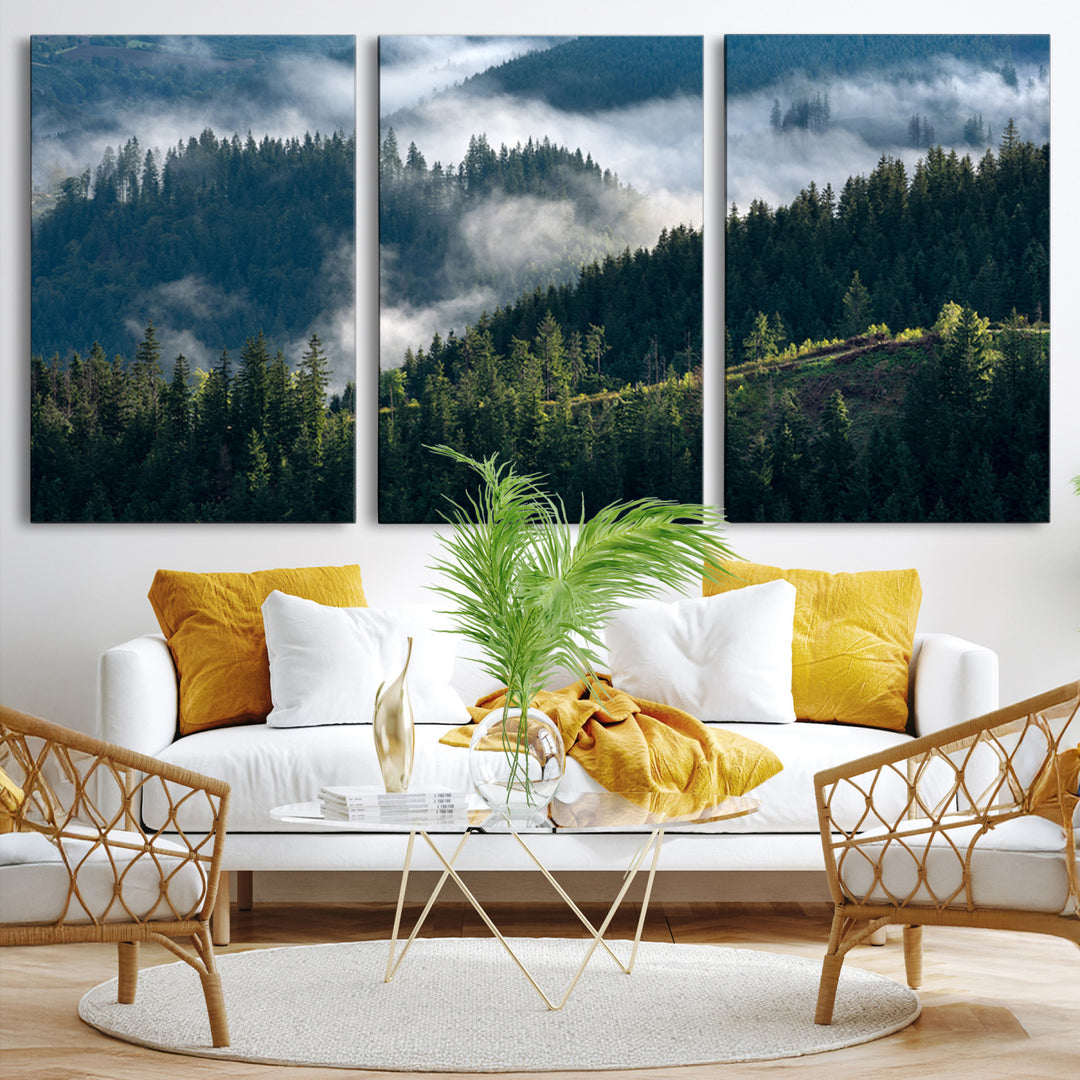 Moody canvas of misty pine forests over layered hills, perfect for cool-toned nature-inspired or woodland-style home decor.