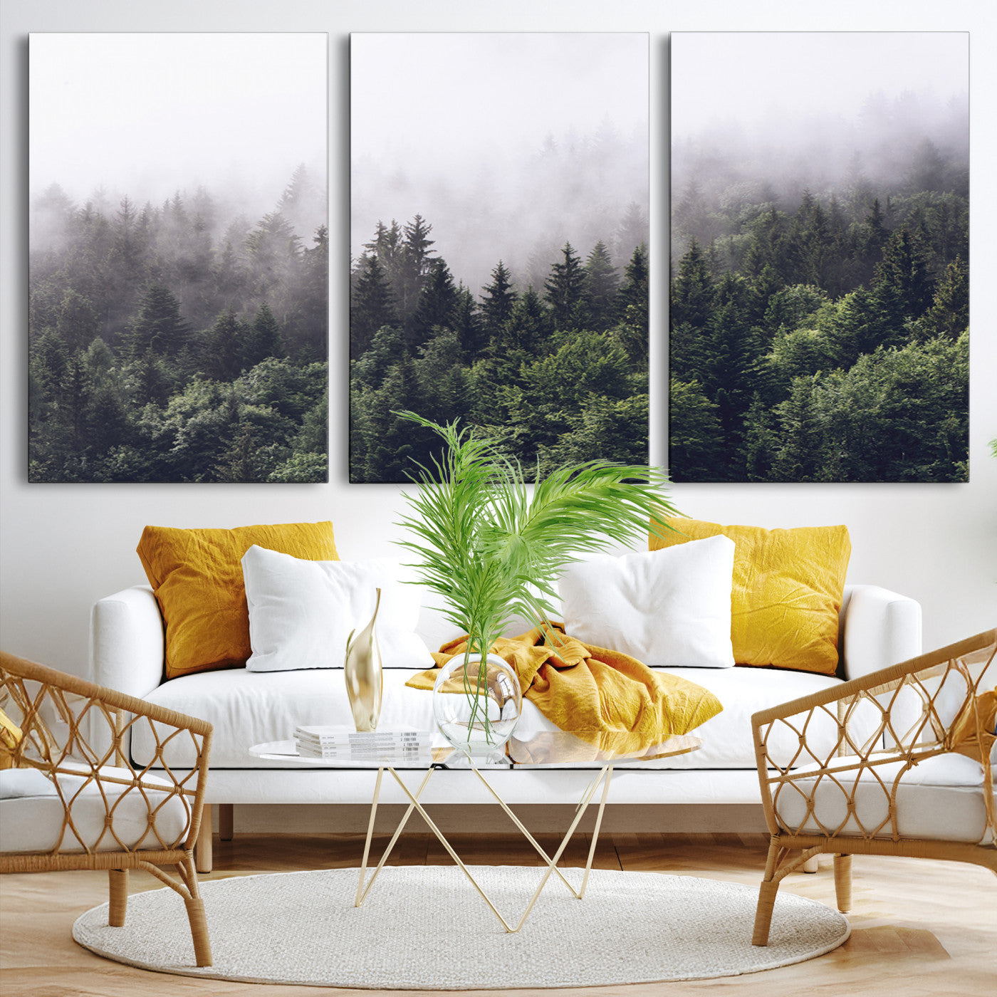 Canvas of dense misty forest in dark green tones, ideal for moody forest or atmospheric woodland-themed home decor.