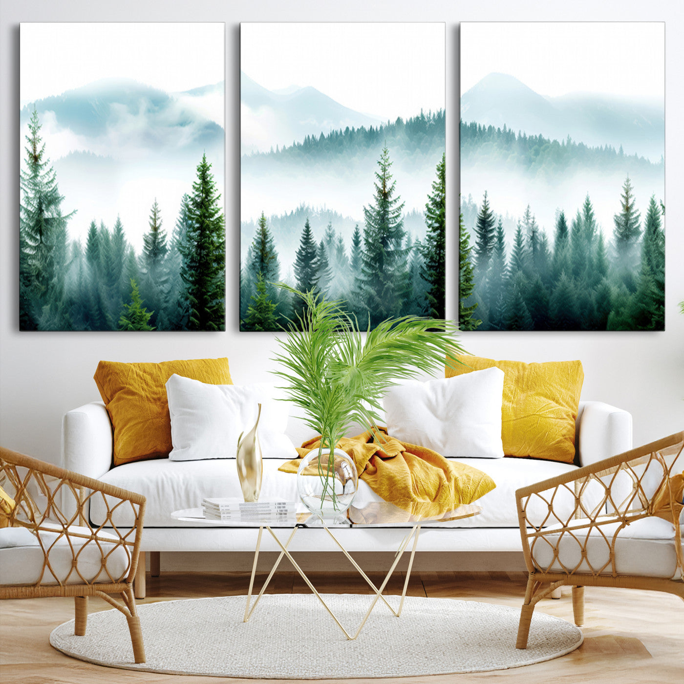 Canvas of pine forest and misty mountain layers in cool tones, perfect for moody forest or serene nature-inspired home decor.