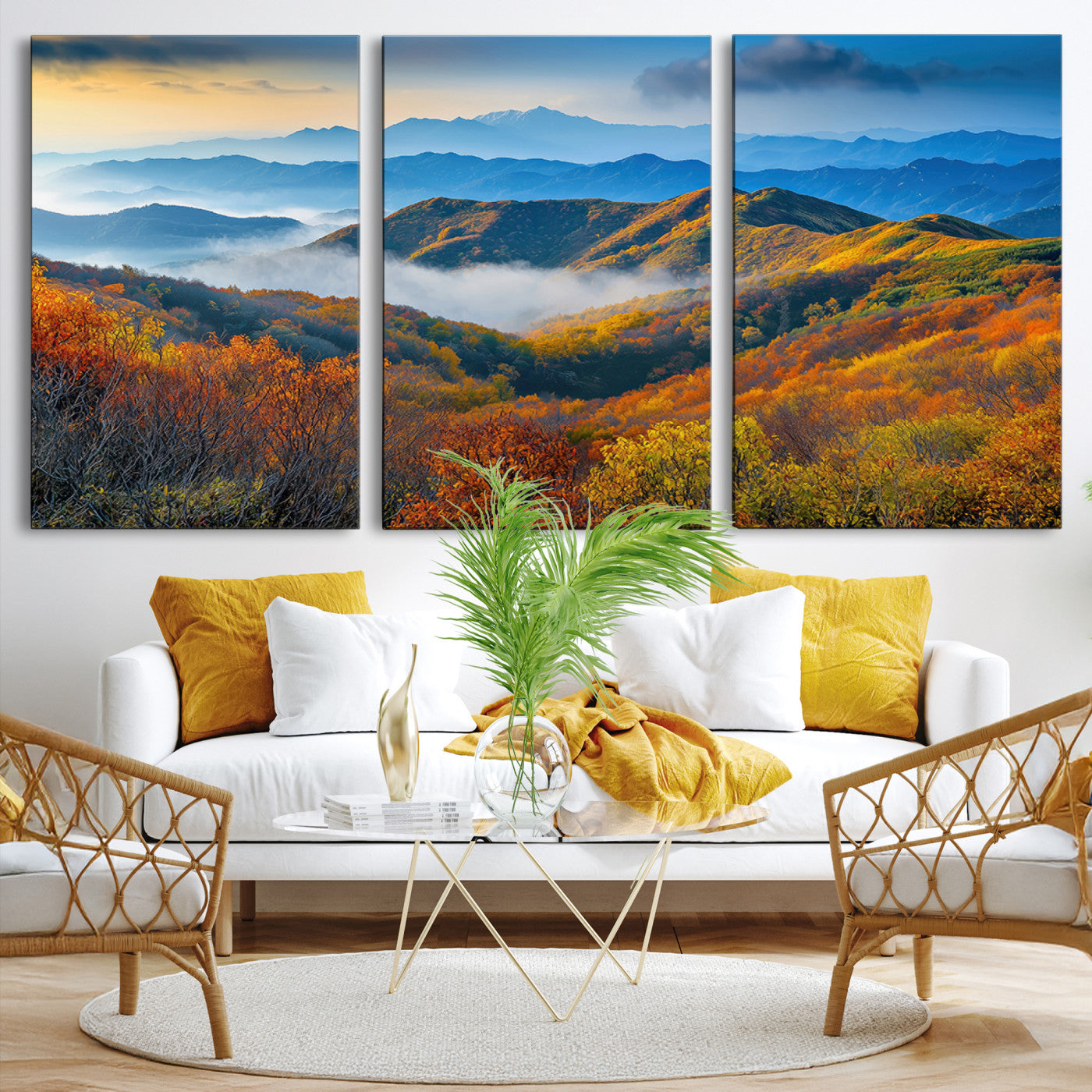 Vibrant canvas of autumn mountains with colorful trees, layered blue ridges, and soft morning fog, ideal for bright nature-themed decor.