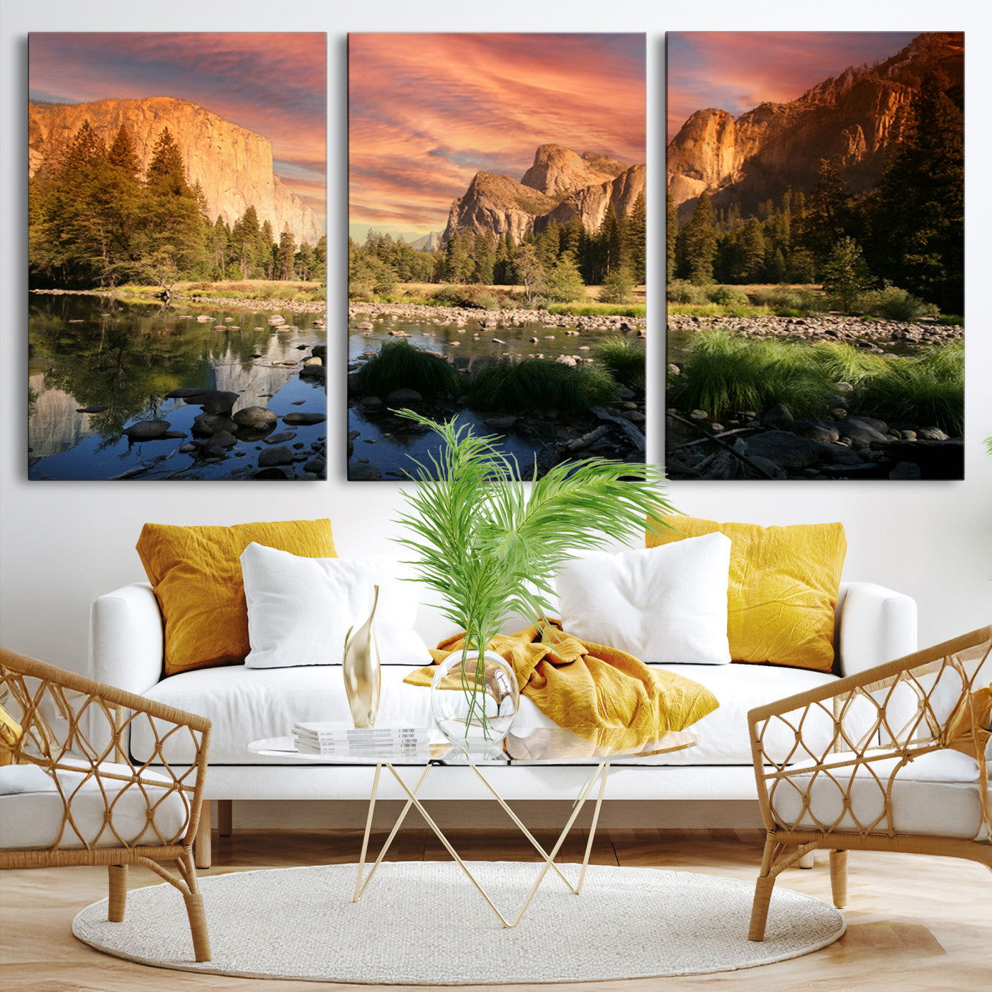 Canvas of Yosemite Valley with El Capitan and sunset sky, featuring vibrant tones ideal for rustic or nature-inspired home decor.