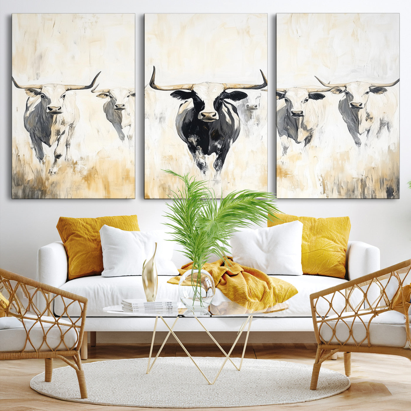 40397799-MGV-CV-36X24-Texas Longhorn Canvas Print, Framed Rustic Herd Art Picture Print, Western Bull Perfect Neutral Western Decor